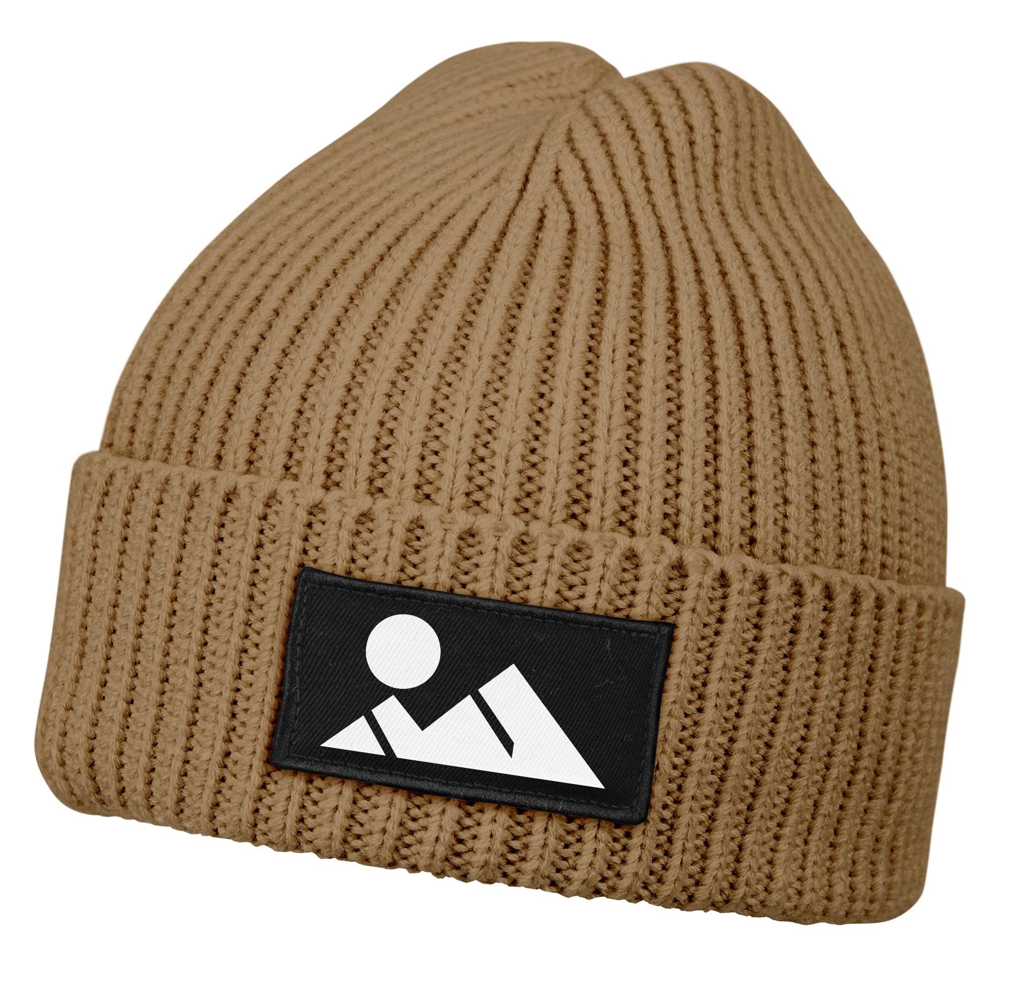 Neverless Strickmütze Neverless® Damen Beanie mit Bergmotiv-Patch aus Rippstrick