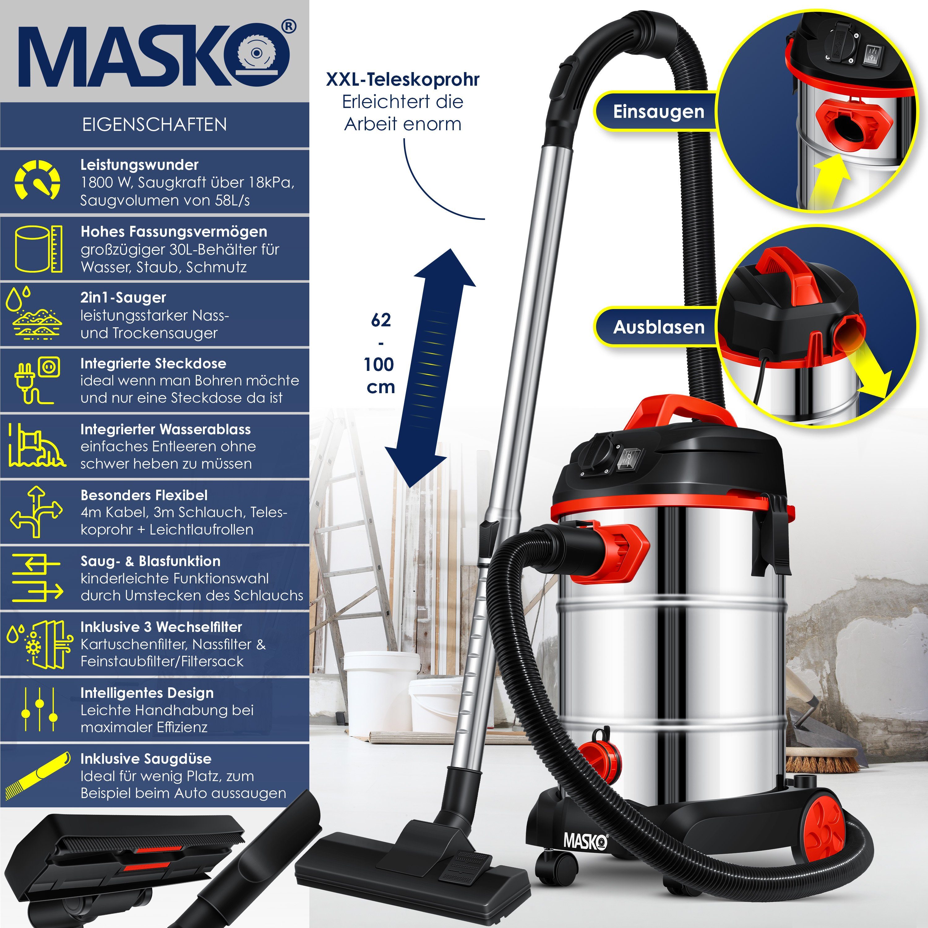 MASKO Industriesauger, 1800 W, Industriestaubsauger Staubsauger Nass Trocken Sauger Edelstahl