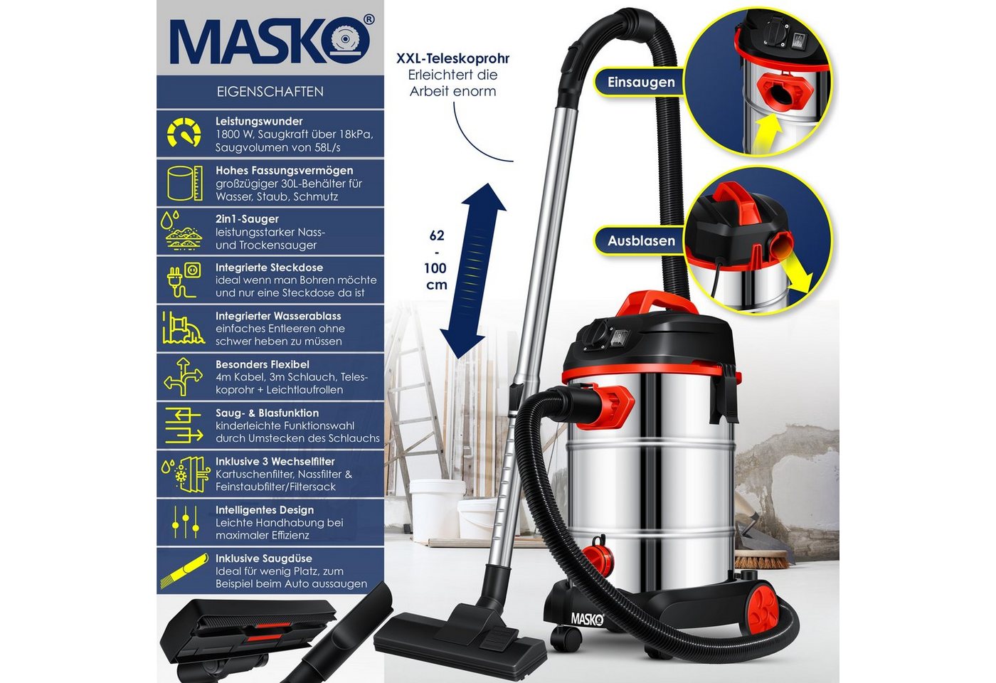 MASKO Industriesauger, 1800 W, Industriestaubsauger Staubsauger Nass Trocken Sauger Edelstahl