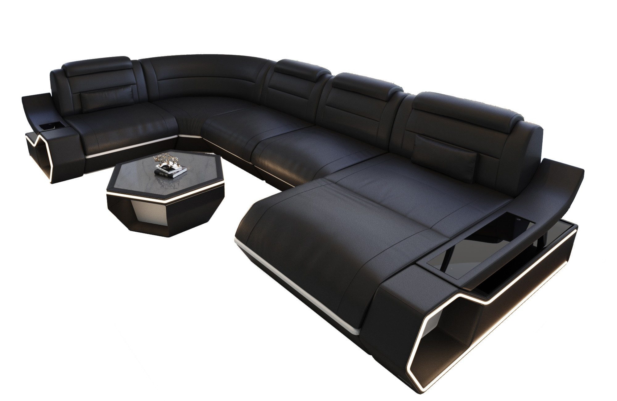 Sofa Dreams Wohnlandschaft Leder Couch Sofa Toscano U Form Ledersofa, LED Beleuchtung
