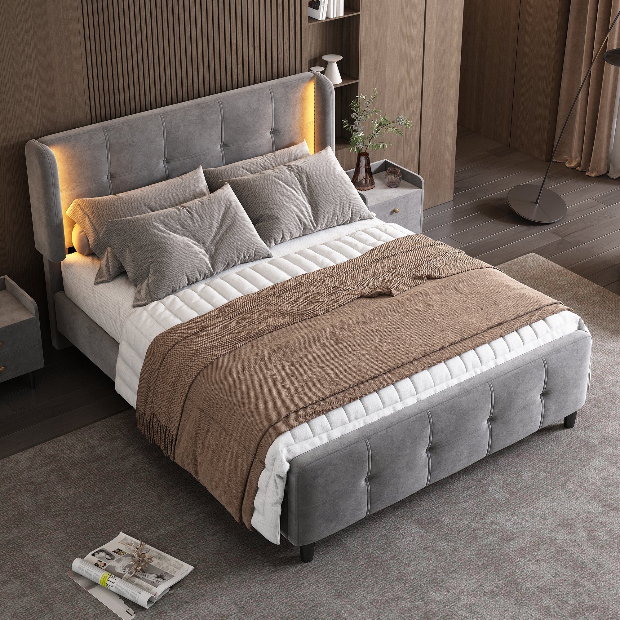 Flieks Schlafzimmer-Set, (1-tlg), LED Beleuchtung Polsterbett 140x200cm Samtbezug