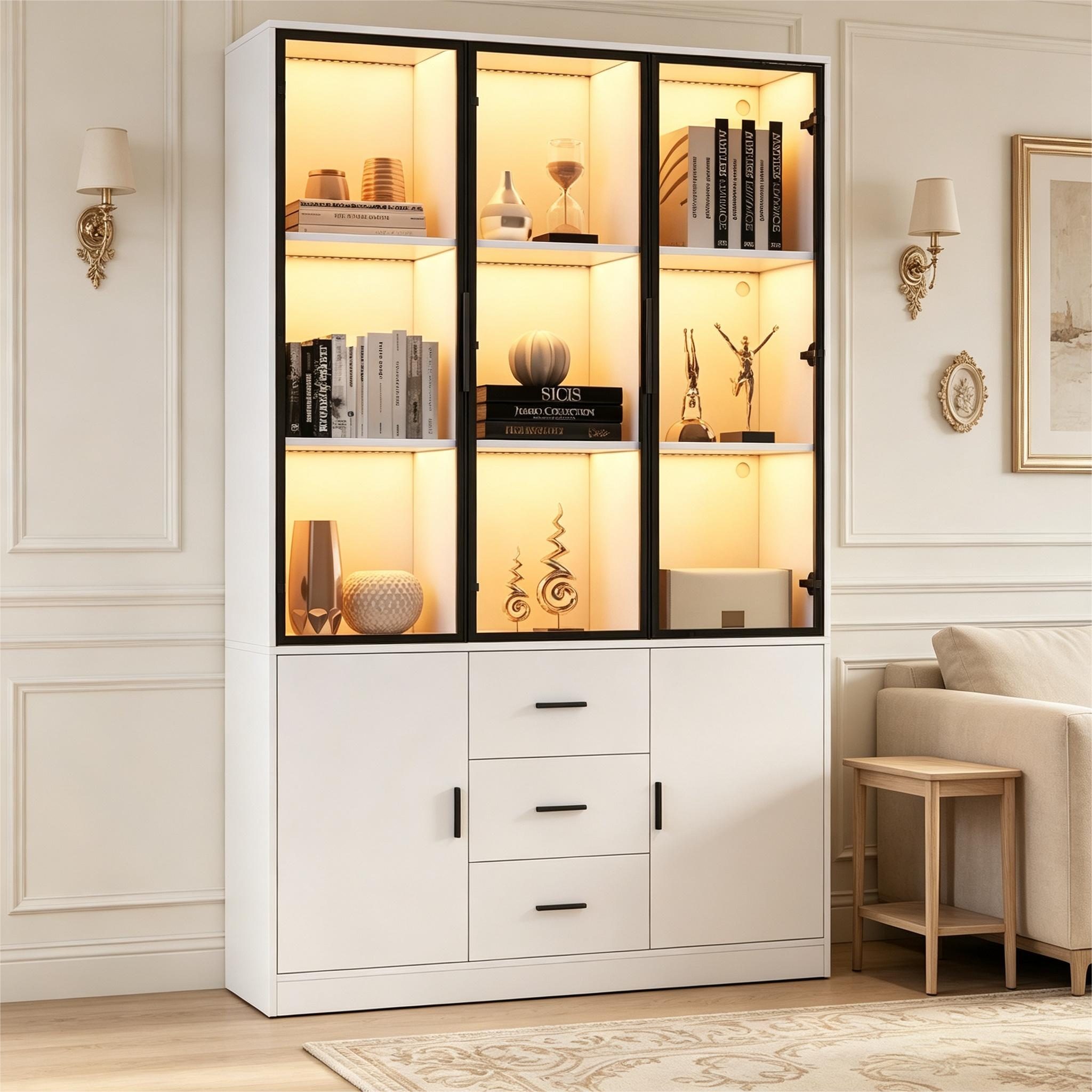 Merax Glasvitrine mit LED Beleuchtung, Highboard mit Glasfront (Bücherregal Sammlervitrine Wohnzimmerschrank, 1-St) Vitrine mit 5 Türen, 3 Schubladen & 13 Fächern, 120x30x200cm