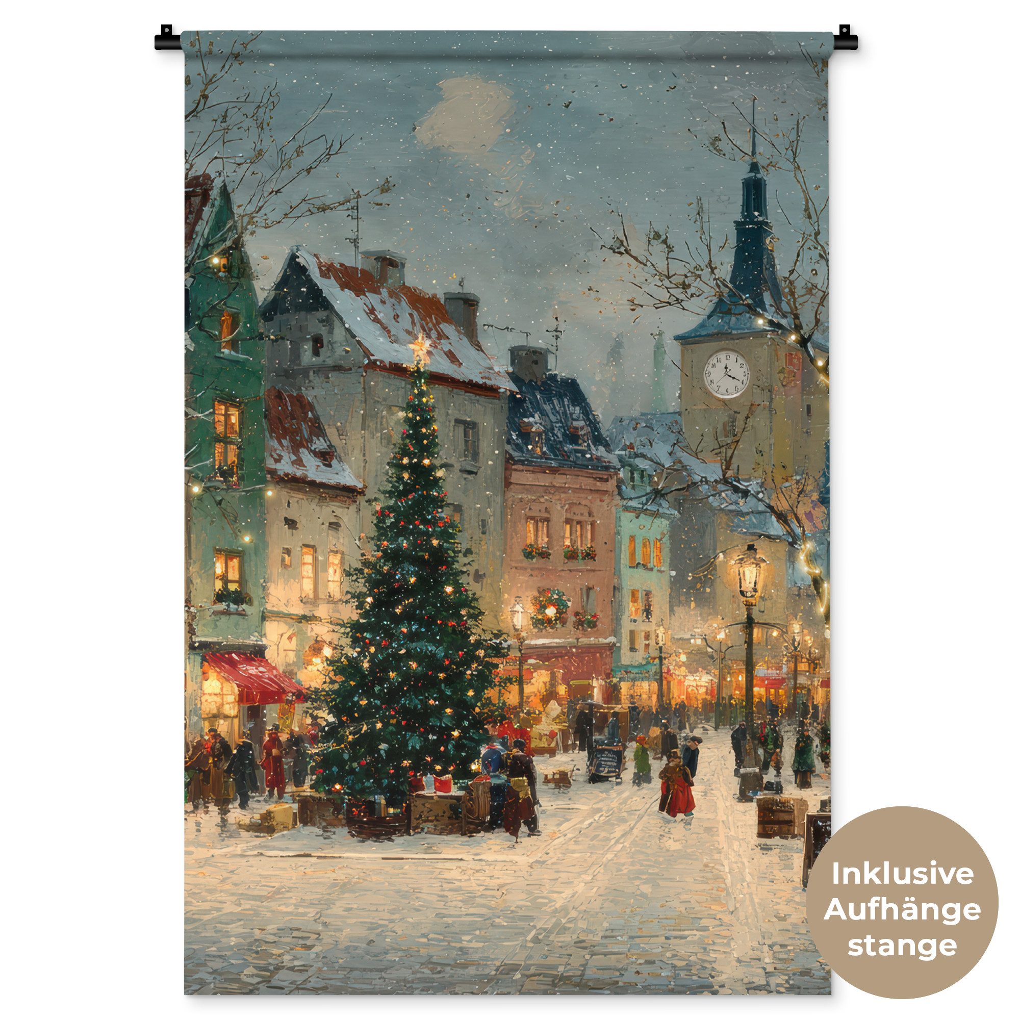 MuchoWow Wandteppich Weihnachtliche Atmosphäre - City Square - Farbenfroh, Rechteckig, Höhe: 3 mm, Wandtuch Wohnzimmer, Schlafzimmer, 90x135 cm