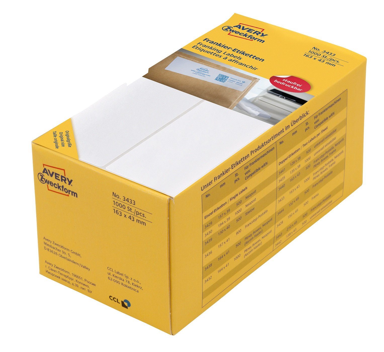 Avery Zweckform Etiketten 1.000 weiße permanente Frankier-Etiketten 16,3x4,3cm, Permanente Hafteigenschaft