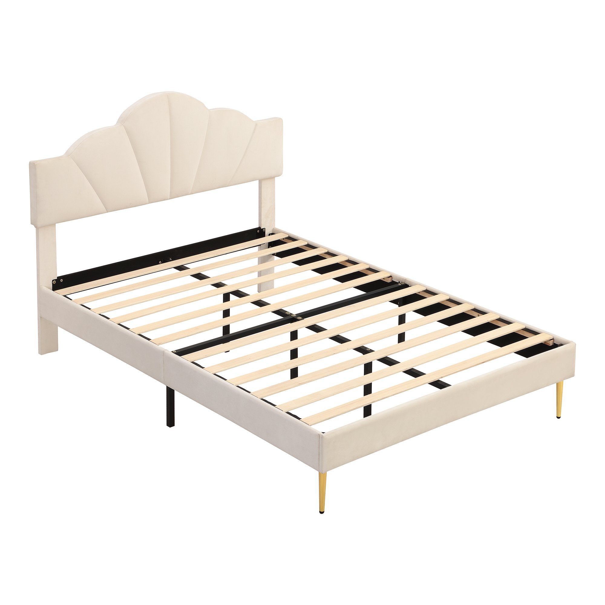 Polsterbett (Doppelbett 140 x 200 cm, ohne Matratze), mit höhenverstellbarem Muschel-Form-Kopfteil und Lattenrost, Samt