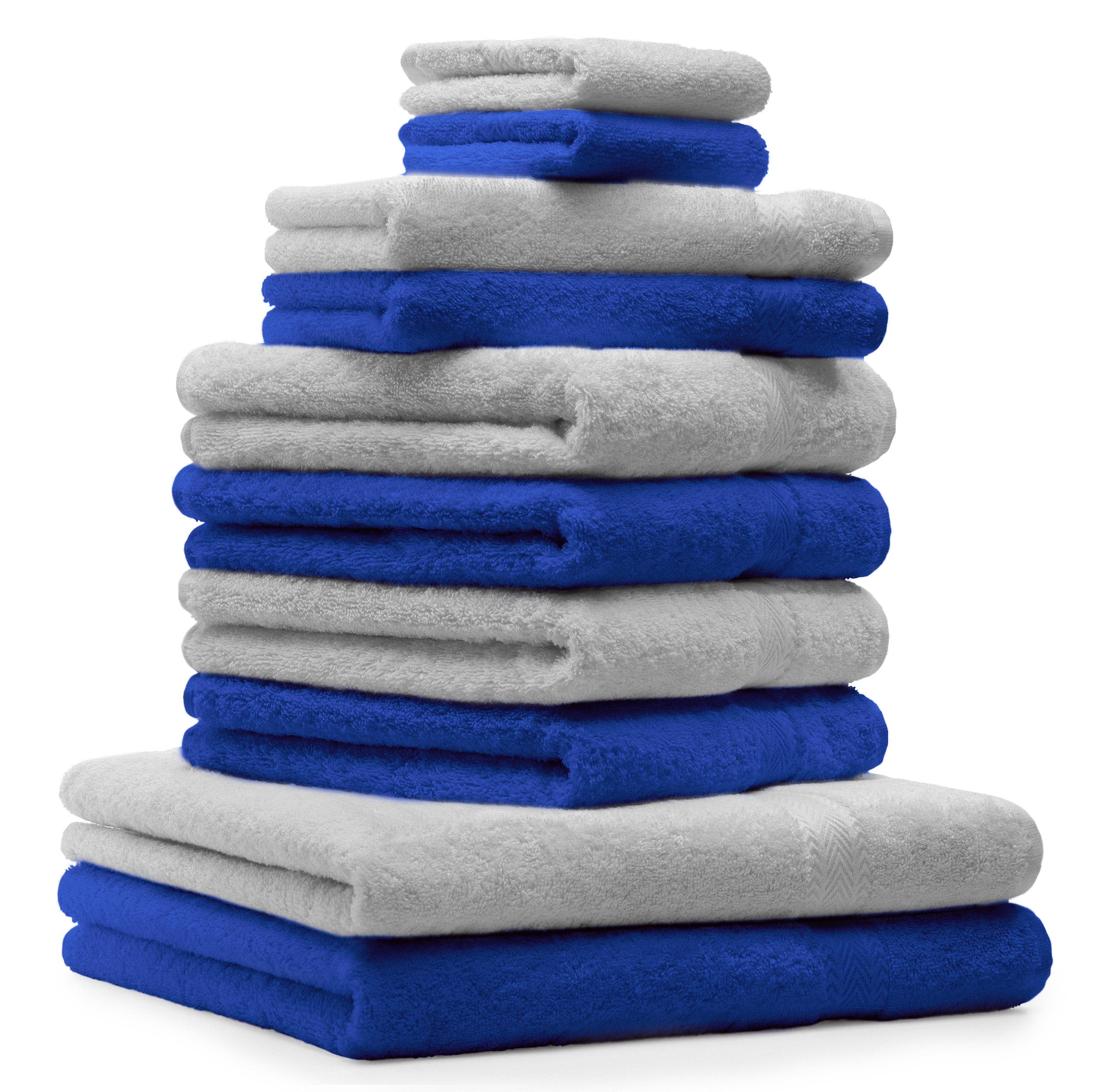 Betz Handtuch Set 10-TLG. Handtuch-Set Premium 100% Baumwolle 2 Duschtücher 4 Handtücher 2 Gästetücher 2 Waschhandschuhe Farbe Silber Grau & Royal Blau, 100% Baumwolle, (10-tlg)
