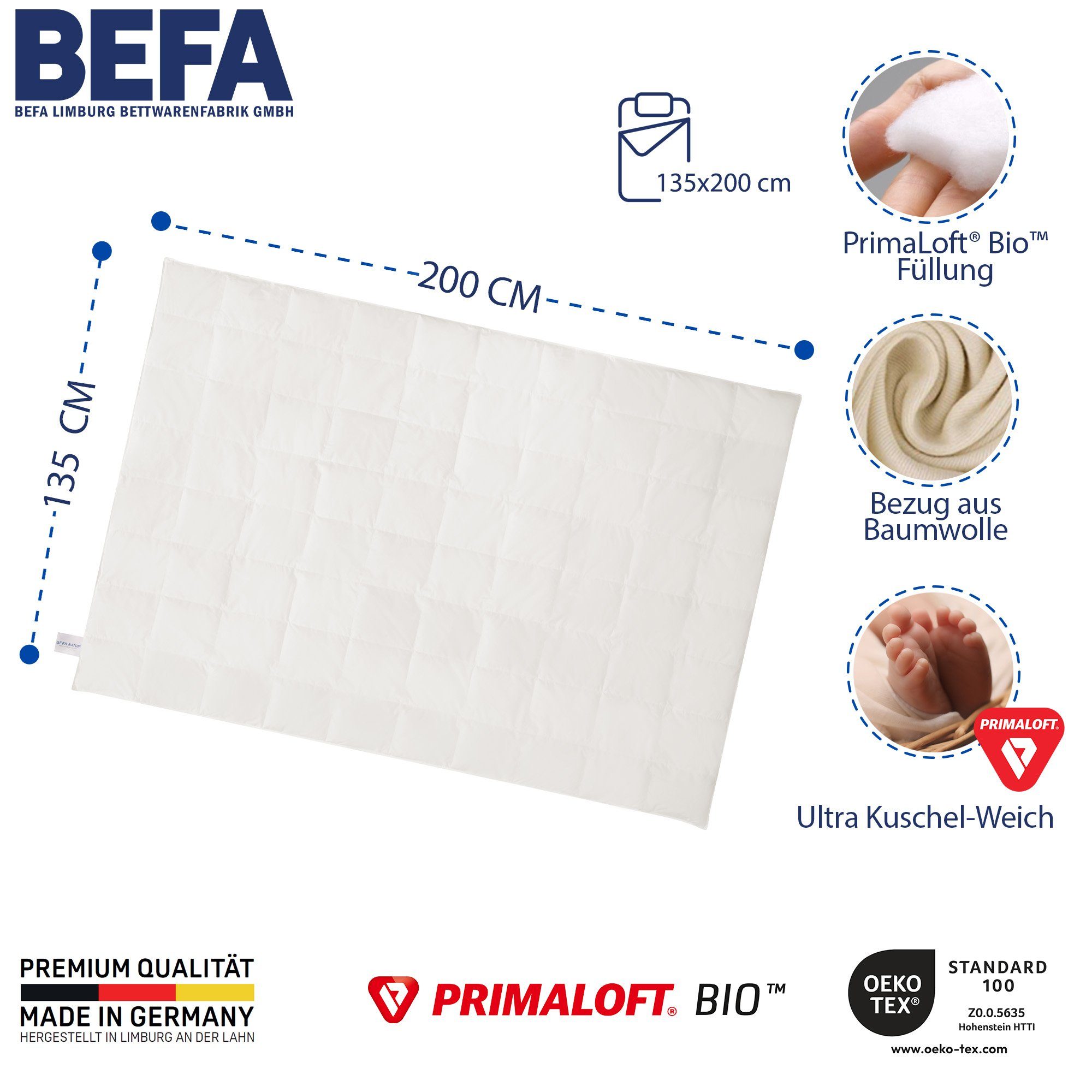 BEFA NATUR Microfaserbettdecke Made in Germany - kuschelweiche Primaloft - Bio Mikrofaser Bettdecke, Füllung: 100% PrimaLoft® Bio™ Microfaser (aus recycelten PET-Flaschen, bilogisch abbaubar), für jede Jahreszeit - Allergiker geeignet - 135x200 155x220 200x200