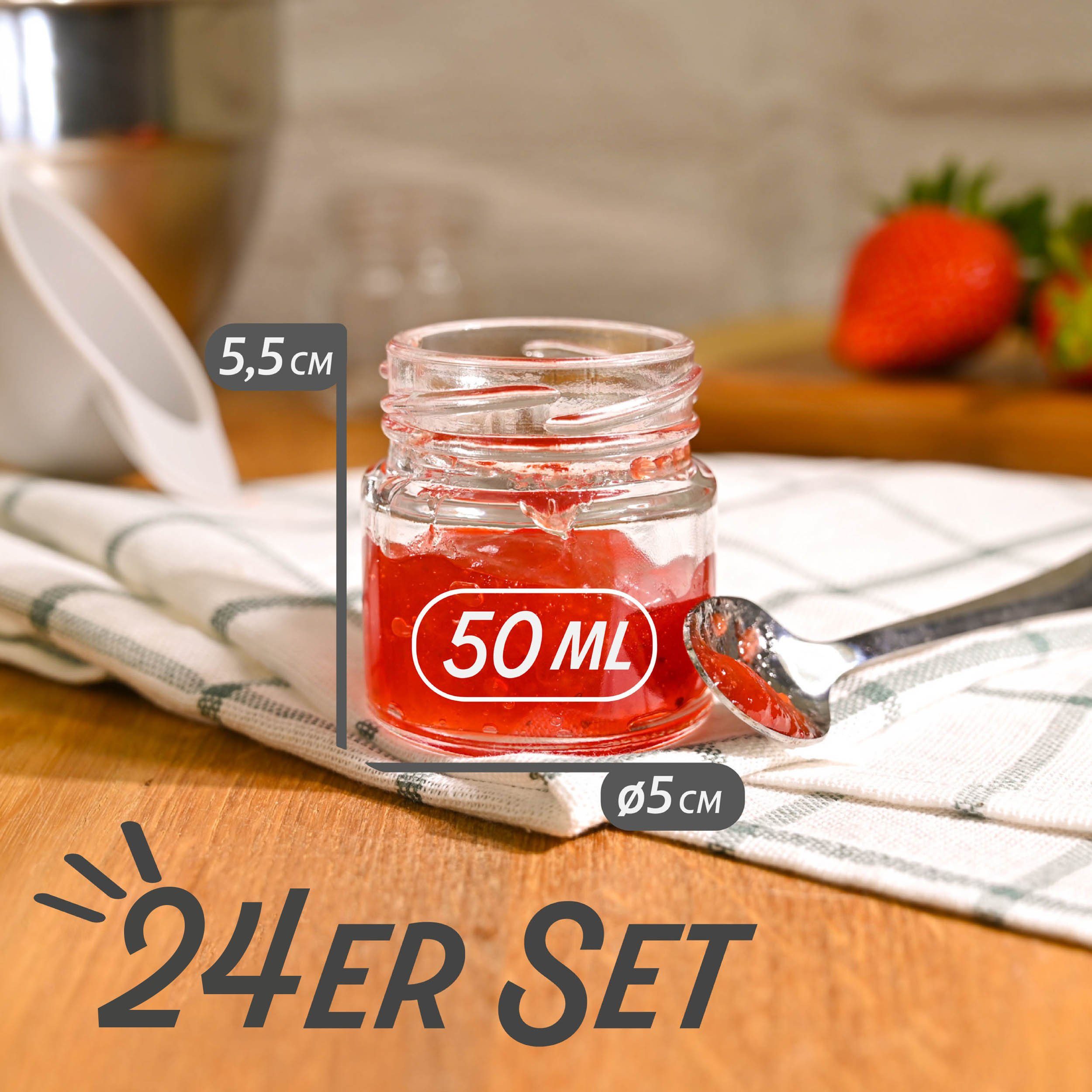 Praknu Einmachglas 24 Kleine Marmeladengläser Mini Gläser mit Deckel, 50 ml, Etiketten, Glas, Metalldeckel, (Set, 24-tlg., 24 Einkochgläser, 24 Etiketten, Stift – Bild 3 von 5