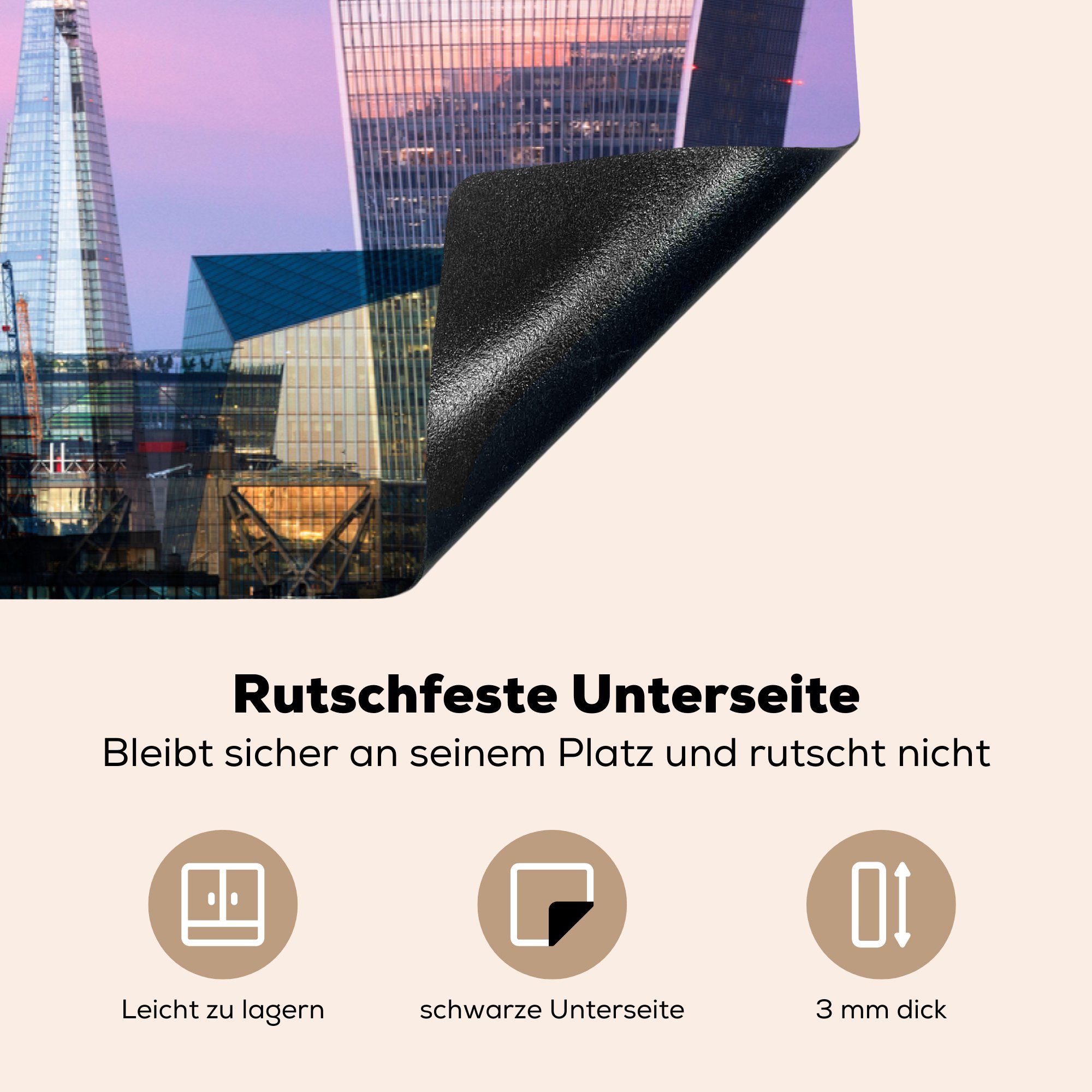 MuchoWow Herdblende-/Abdeckplatte Ceranfeldabdeckung Königreich von küche, für tlg), Vereinigtes Induktionskochfeld 81x52 Vinyl, Himmel, (1 Schutz cm, lila Skyline mit London, die