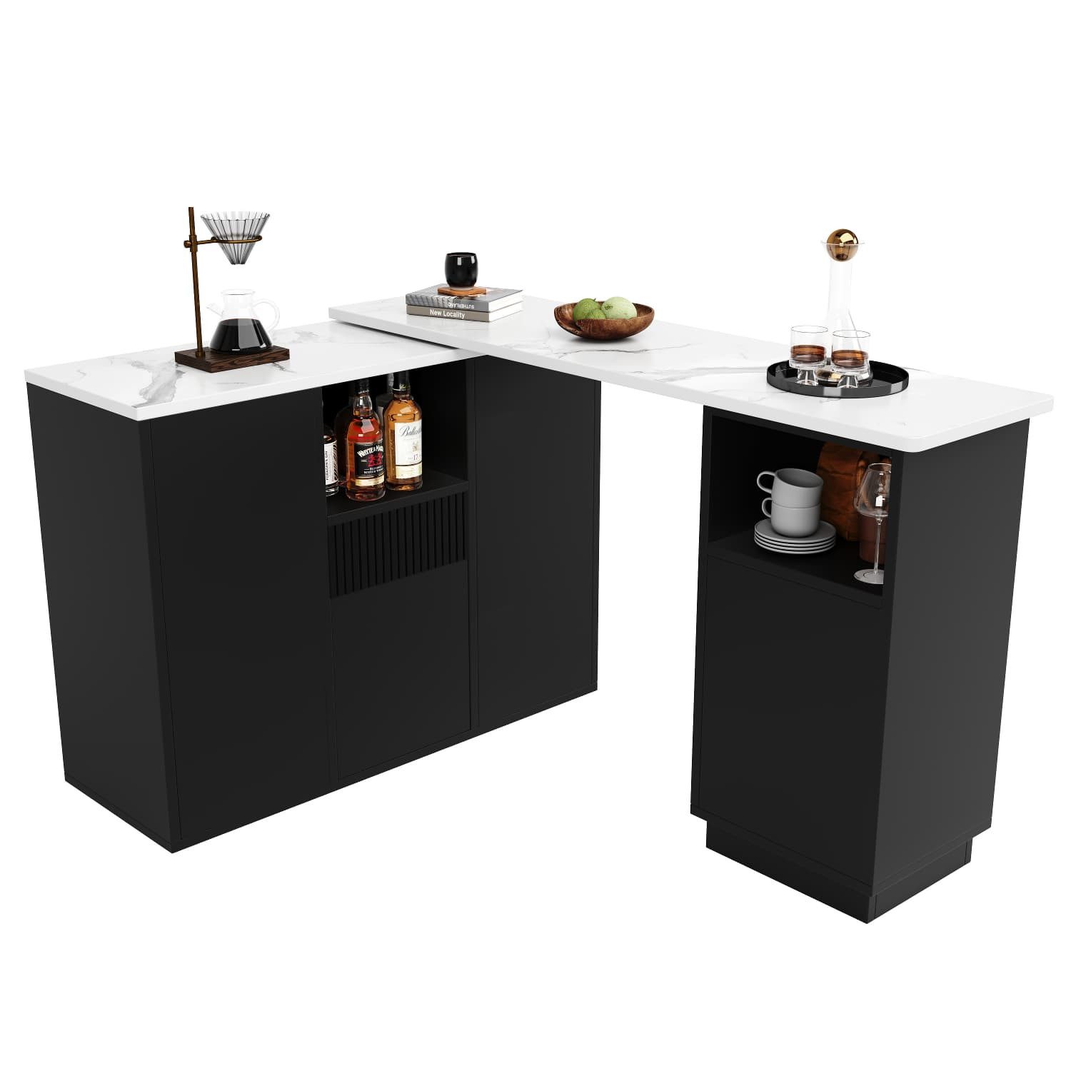 autolock Bartisch Um 360° drehbarer Bartisch,modernes und schlichtes schwarzes Design, mit offenem Stauraum+Marmor-Arbeitsplatte,multifunktionale Esstisch