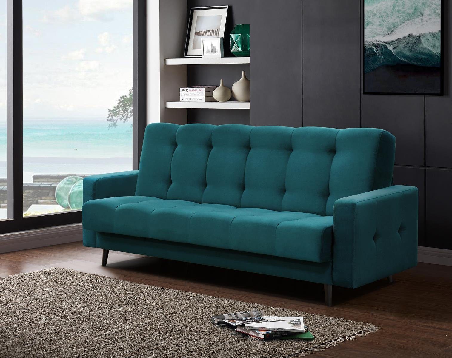 Beautysofa Schlafsofa Nancy BIS, mit Relaxfunktion, Bettkasten, Sofa mit Holzbeine, Velours-Bezug Marine (kronos 04)