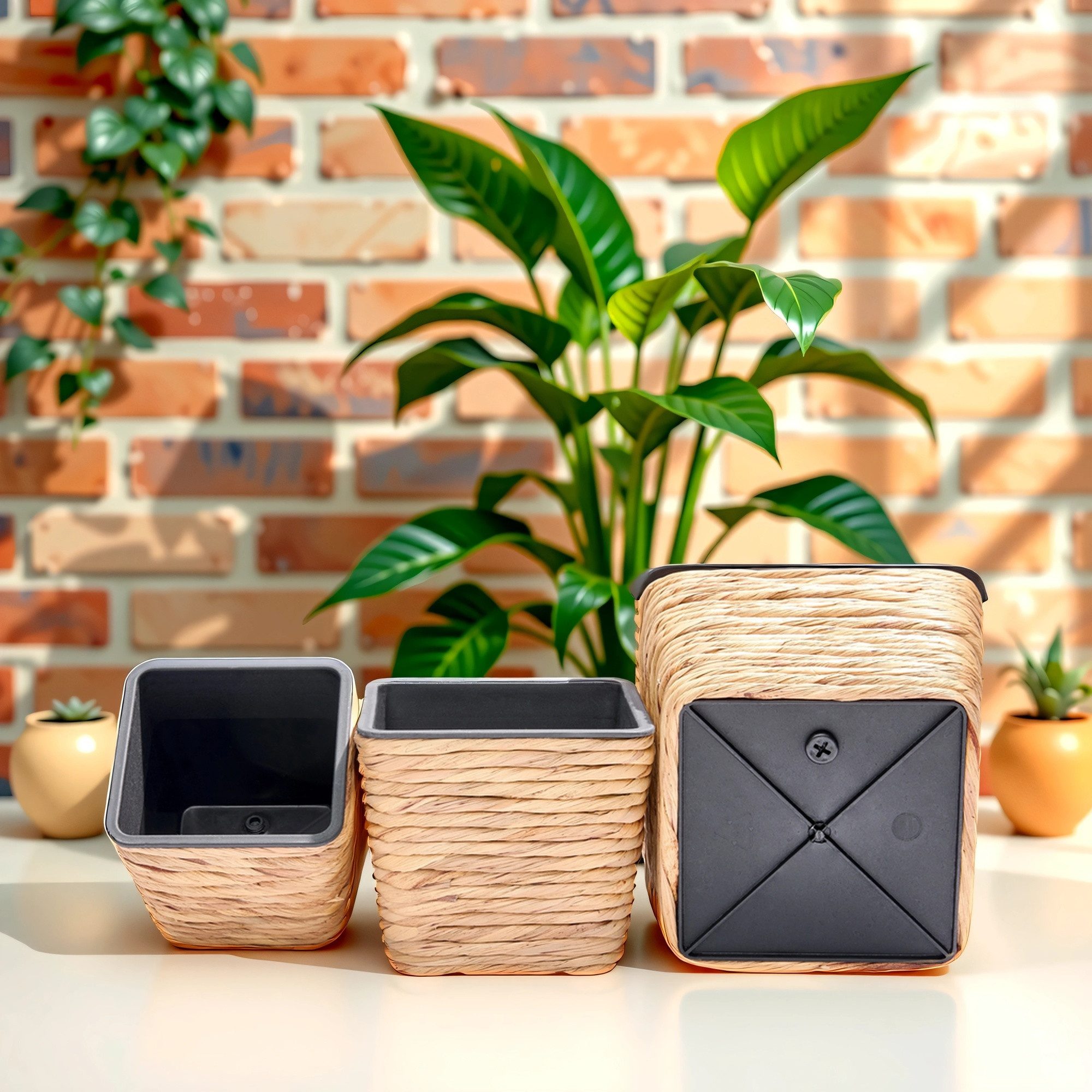 INtrenDU Blumentopf Seegras Eckig 3er Set mit Innentopf (Schwarz – Pflanzkorb Geflochten Uebertopf Boho Deko, Pflanztopf Quadratisch 3 Groessen fuer Zimmerpflanzen)