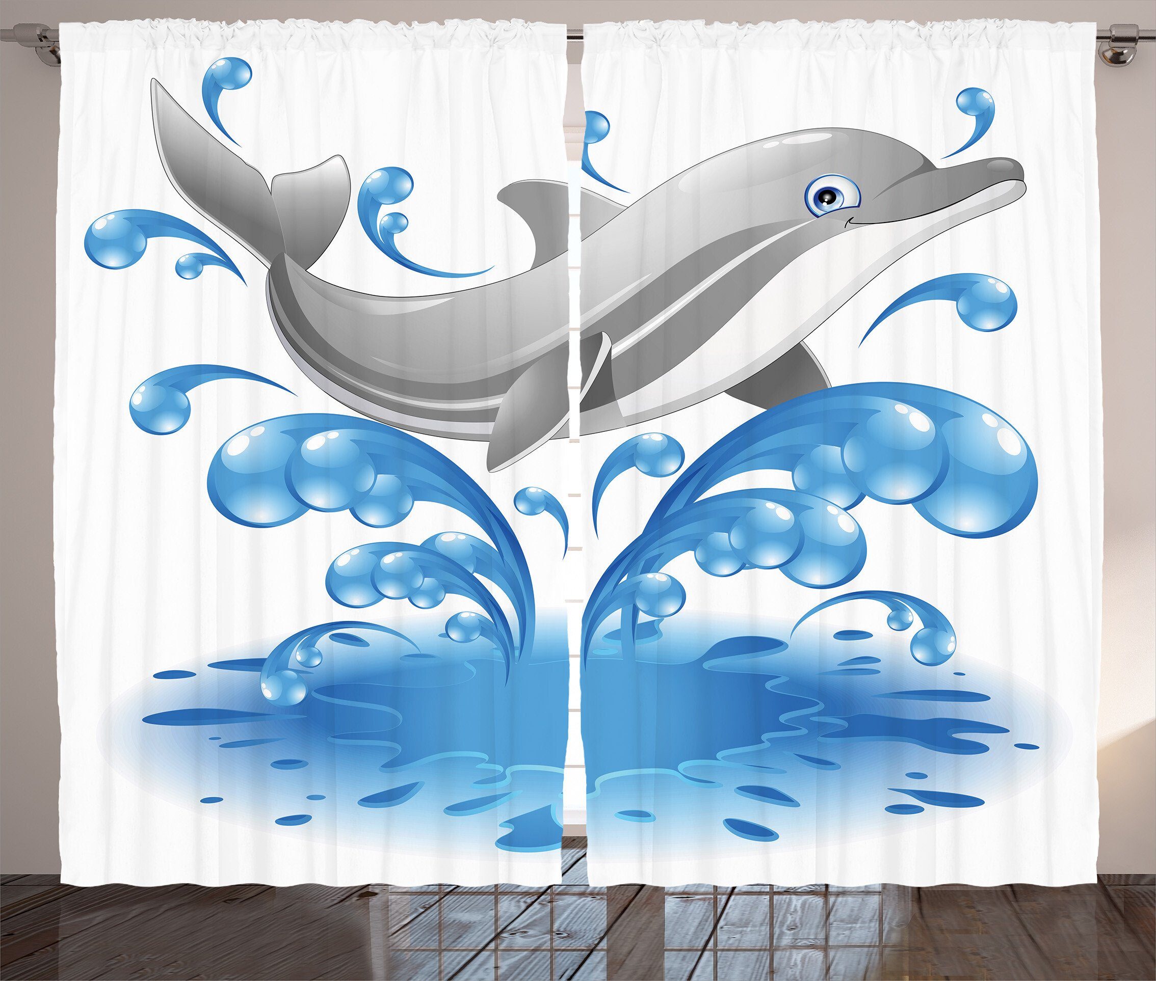 Tier Vorhang Sealife Cartoon Delphin und mit Haken, Schlaufen Gardine Schlafzimmer Abakuhaus, Kräuselband