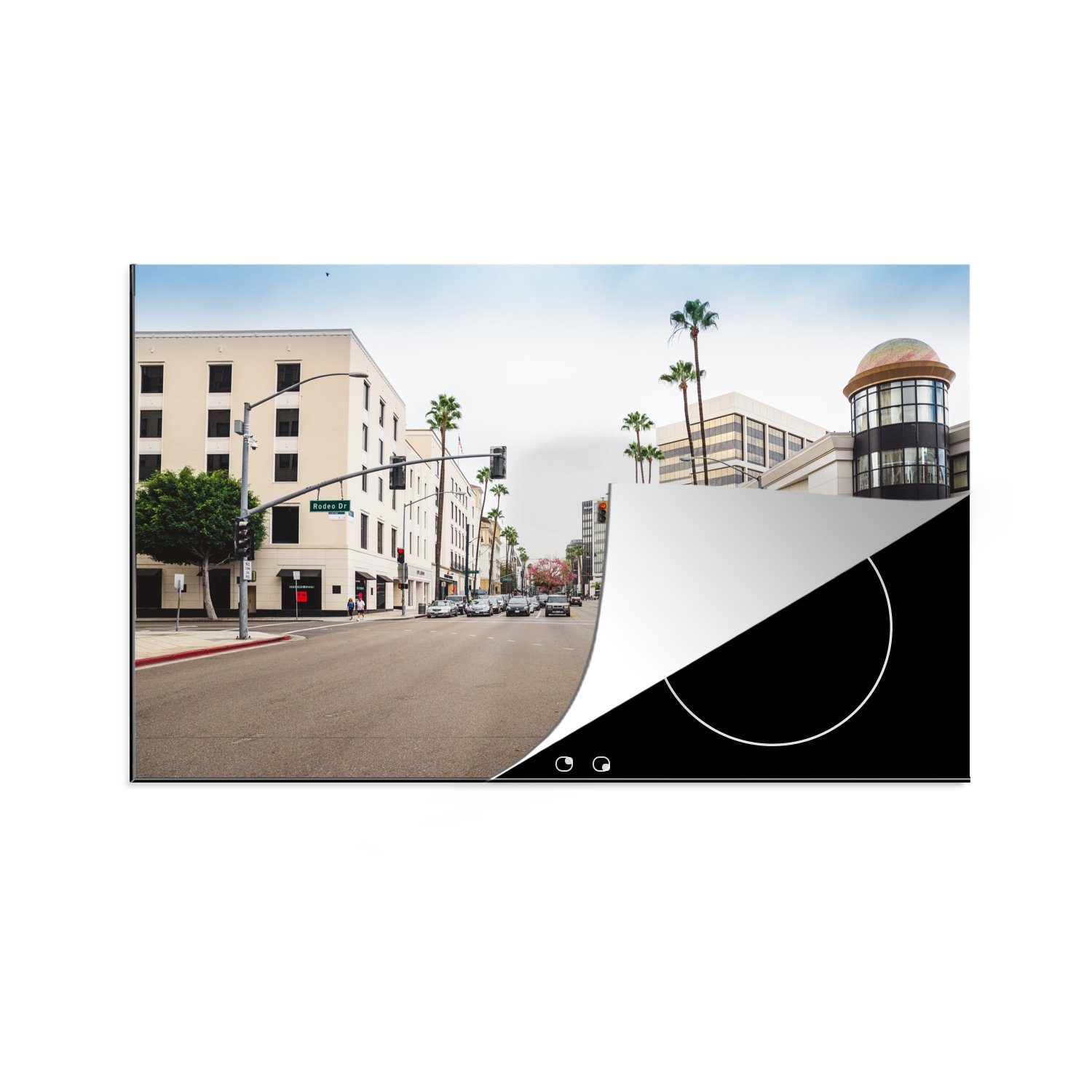 MuchoWow Herdblende-/Abdeckplatte Blick auf den Rodeo Drive in Beverly Hills, USA, Vinyl, (1 tlg), 81x52 cm, Induktionskochfeld Schutz für die küche, Ceranfeldabdeckung