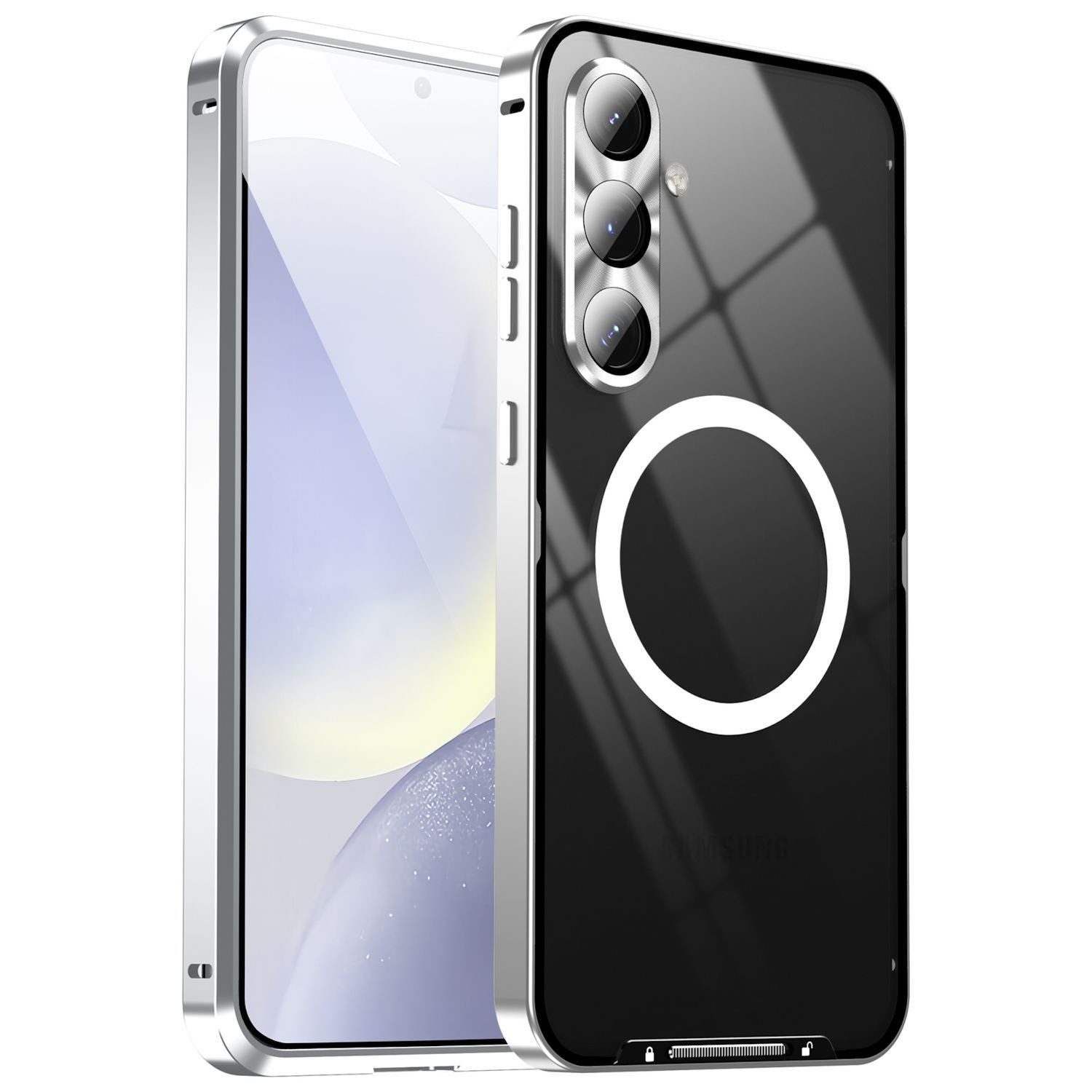 Wigento Handyhülle Für Samsung Galaxy S24 FE 5G Magsafe Metall Design Schutz Hülle Silber, MagSafe-kompatibel, elegantes Design, umfassender Schutz
