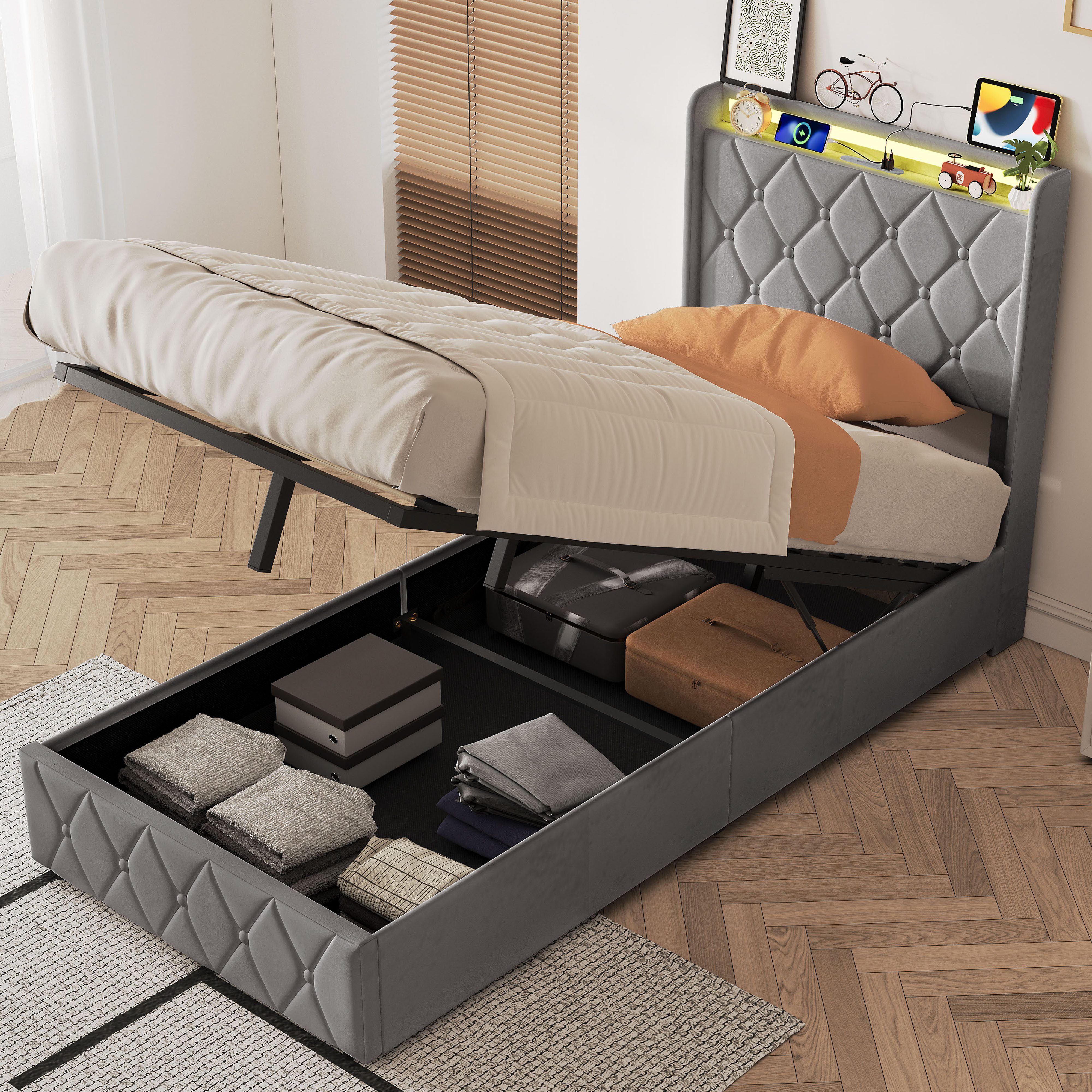 zebery Stauraumbett Polsterbett Doppelbett Mit USB+Typ C und LED-Leuchten (Packung, 1-tlg., Jugendbett), 90x200 cm,Mit Bettkasten,Kopfteil und Bettgestell,Samtstoff - Grau