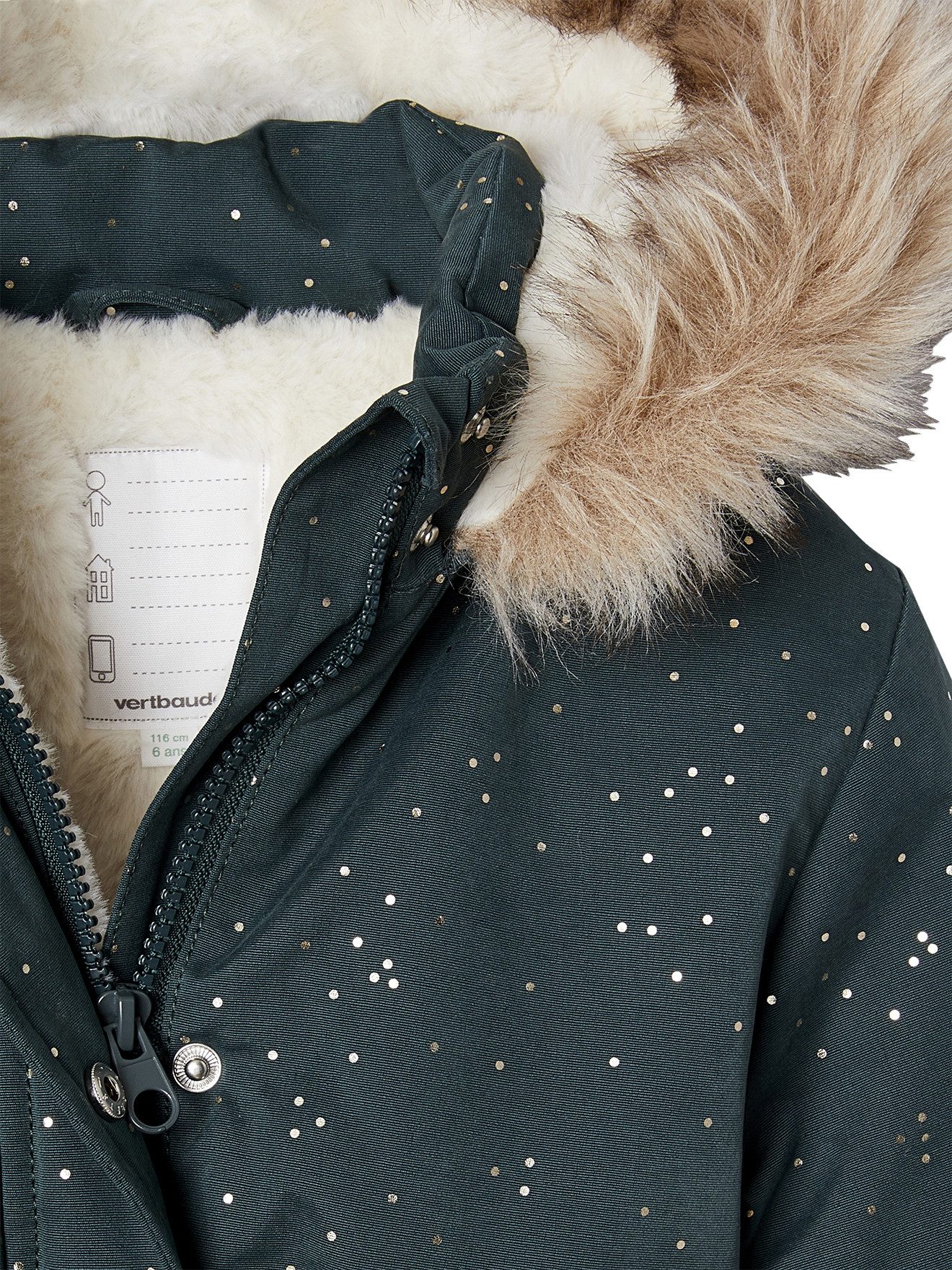 vertbaudet Parka Warme Mädchen Winterjacke mit Glitzer und Webpelz Recycling-Wattierung, Glitzer, beschreibbares Namensschild