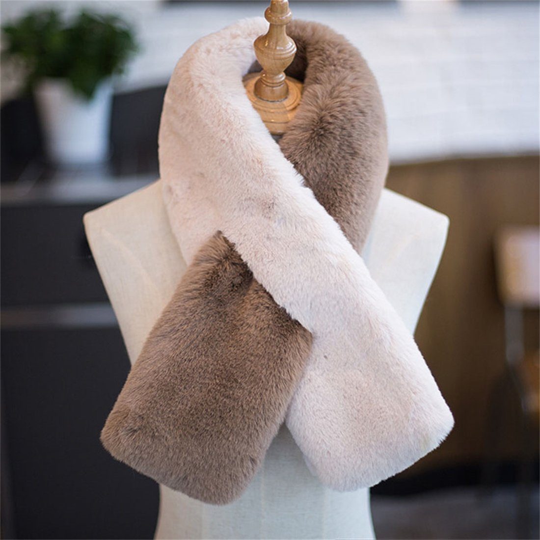 DÖRÖY Modeschal Damen Wintermode Nachahmung Pelz Schal, verdickt warmen Schal Kaffee