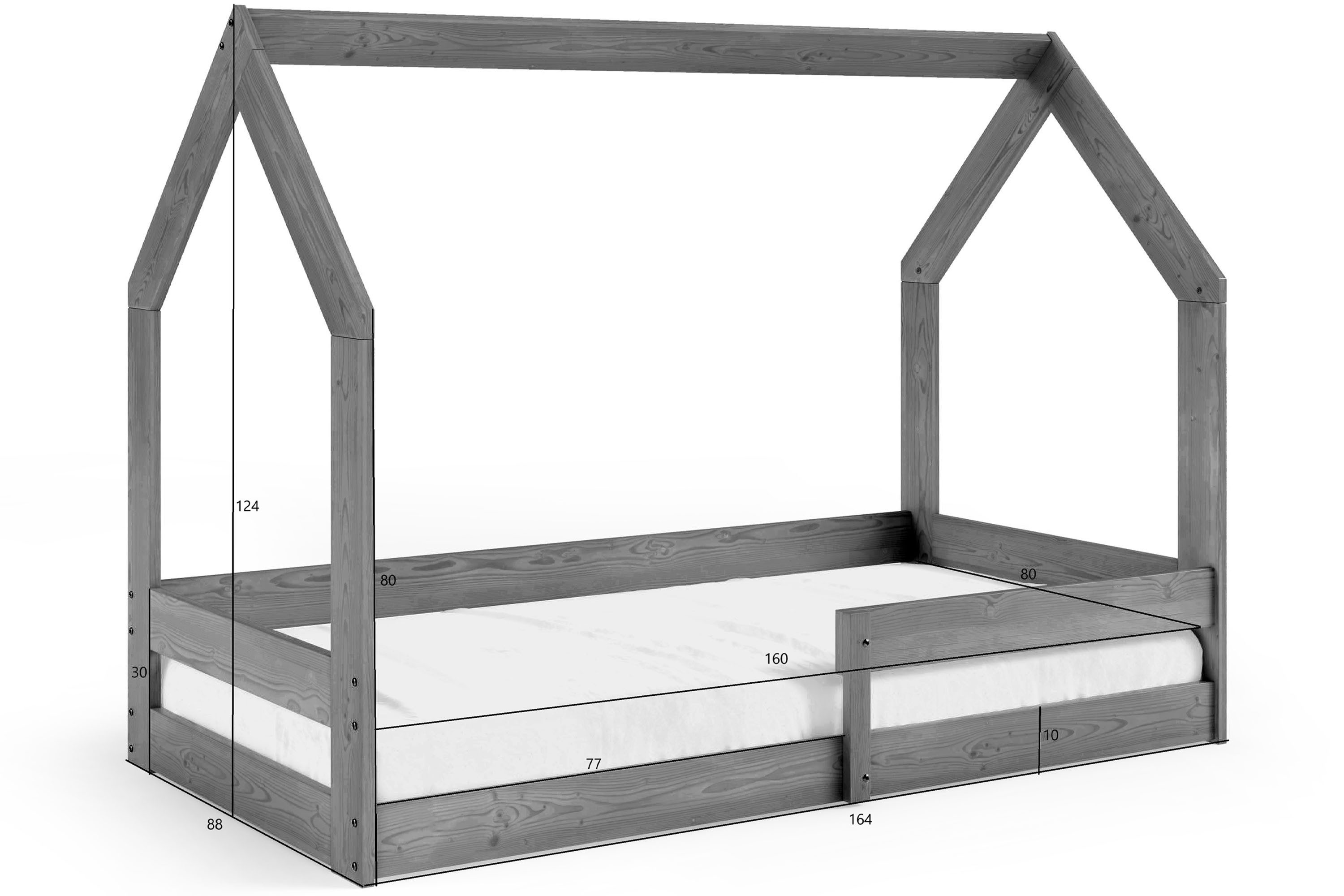 KONSIMO® Kinderbett LUMBE Bodenbett, Bett mit Rausfallschutz, Jugendbett (inklusive Matratze), hergestellt in der EU, Hausform, aus massivem Kiefernholz
