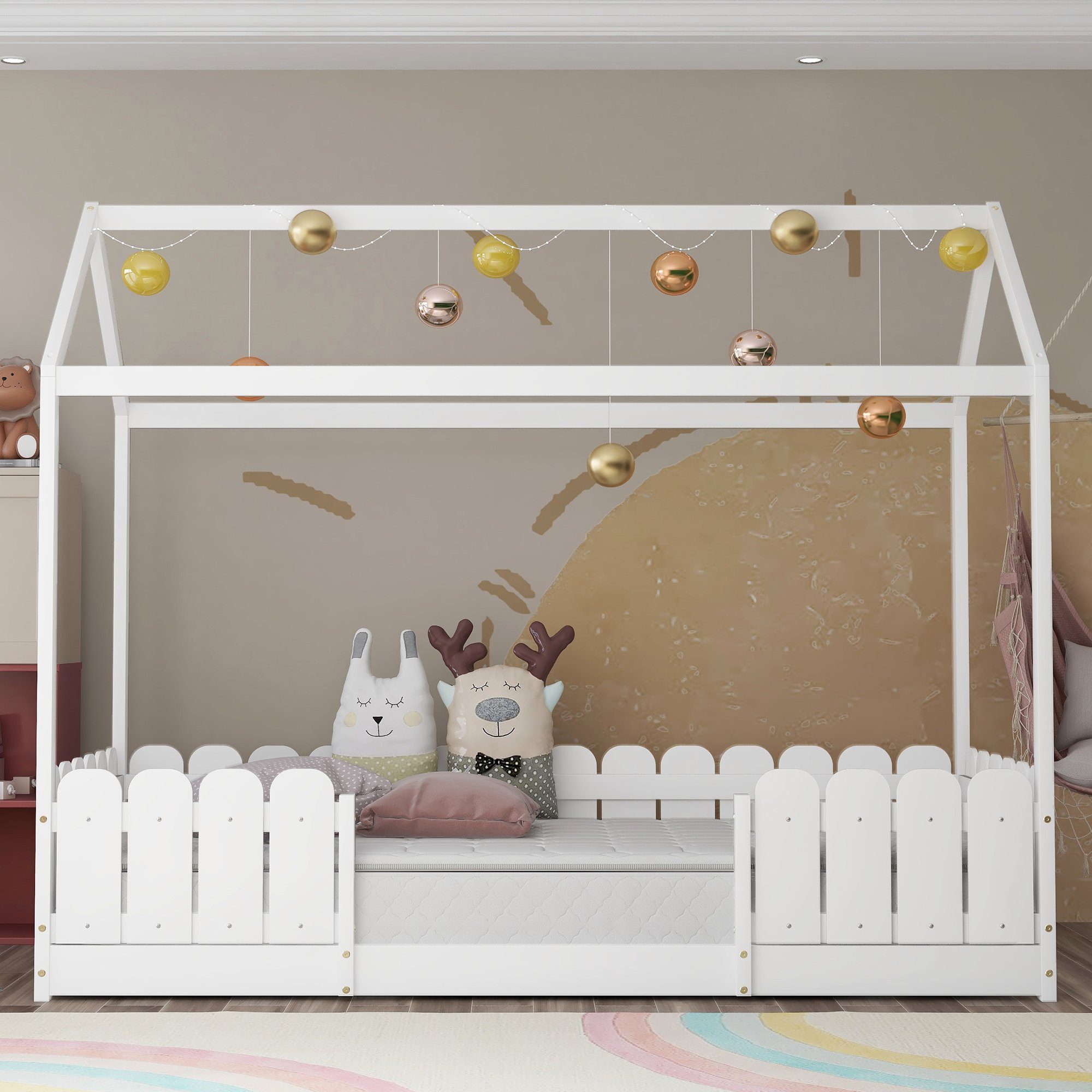BlingBin Hausbett Kinderbett (1-tlg., Kinderbett für Jungen & Mädchen), Rundum-Absturzschutz, Lattenrost, 90x200 cm Weiß