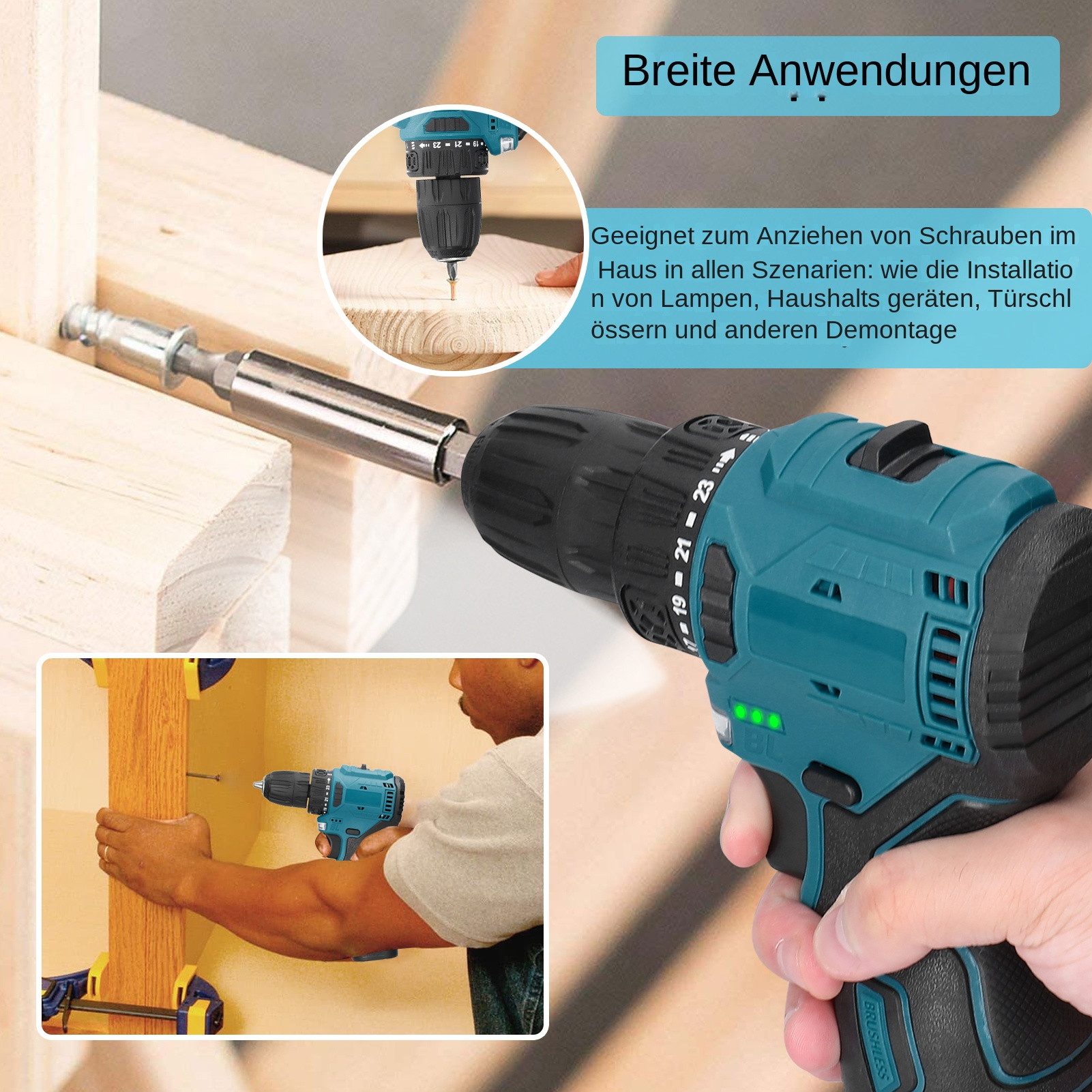 GARRYFIZH Bohrschrauber Bohrschrauber Akku Bohrschrauber Akkuschrauber Set, (Packung, Inklusive 2 Akkus), Bürstenloser Motor LED-Anzeige Hocheffiziente Wärmeableitung