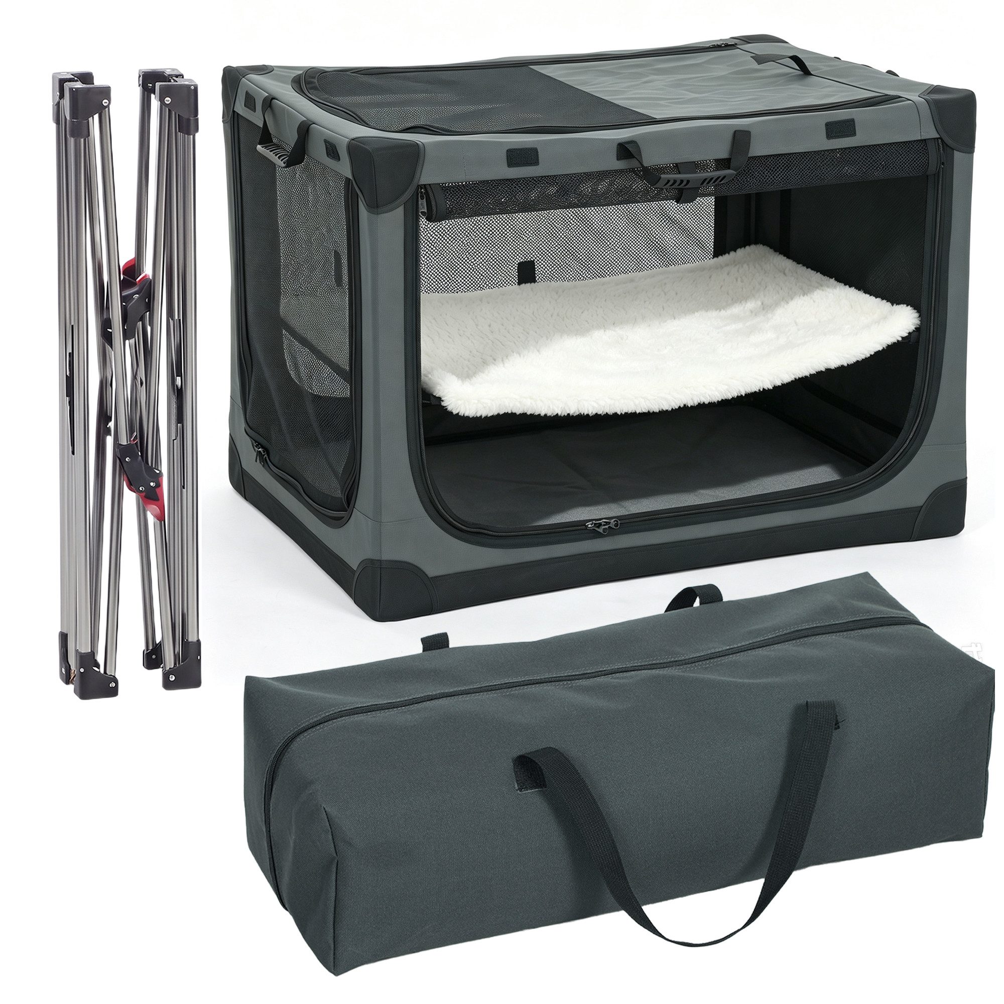 PawHut Tiertransportbox Hundebox faltbar 90x64x64cm Hundetransportbox mit Kissen bis 30 kg, Transportbox aus 600D Oxford-Gewebe für Reise & Auto Armeegrün