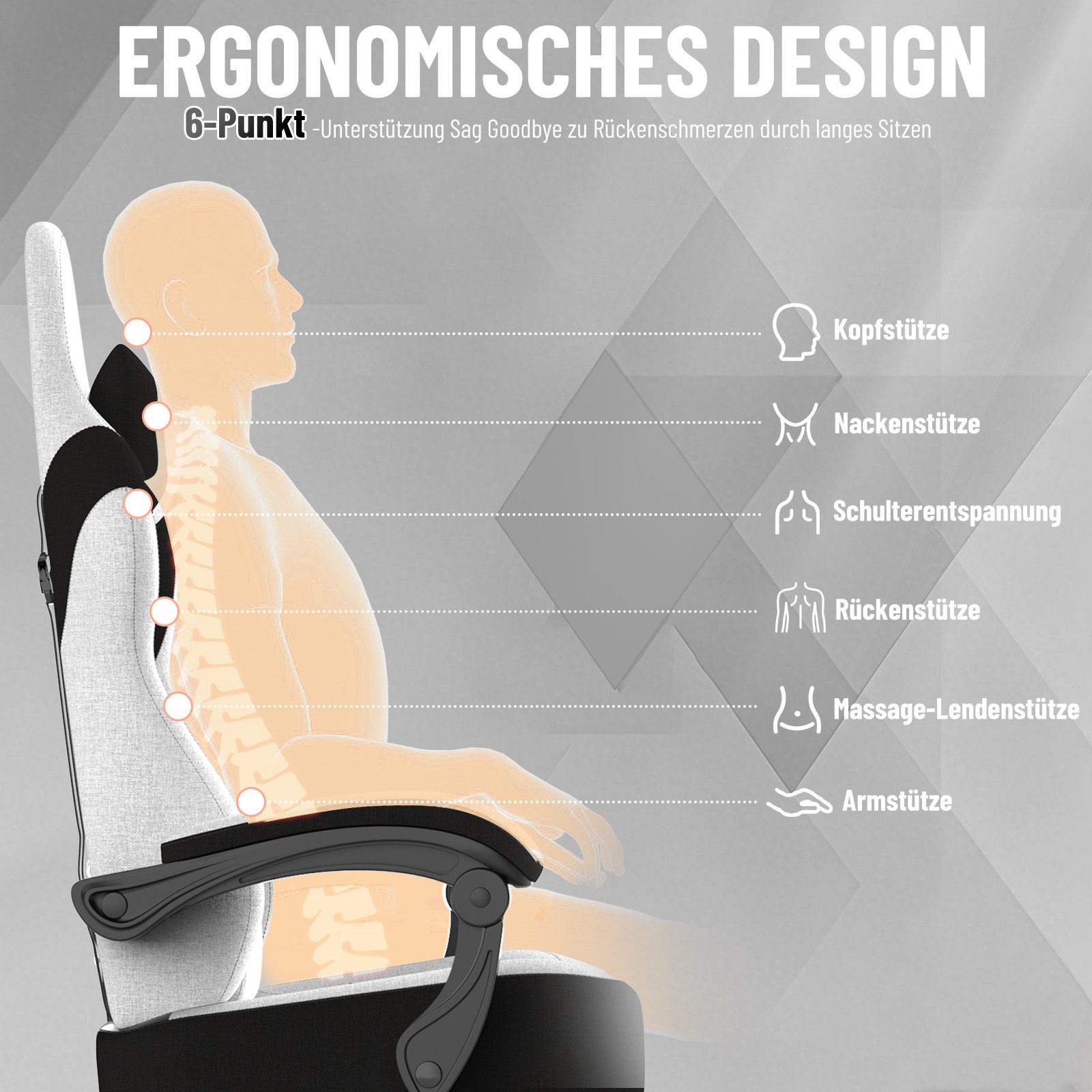 Ferghana Gaming-Stuhl Gaming Sessel,PC Stuhl mit Kopfstütze,Lumbarstütze,Fußstütze (Ergonomischer Gaming-Stuhl,90°–135° Neigung), 360° Drehbarer,ergonomisch Gamer Stuhl
