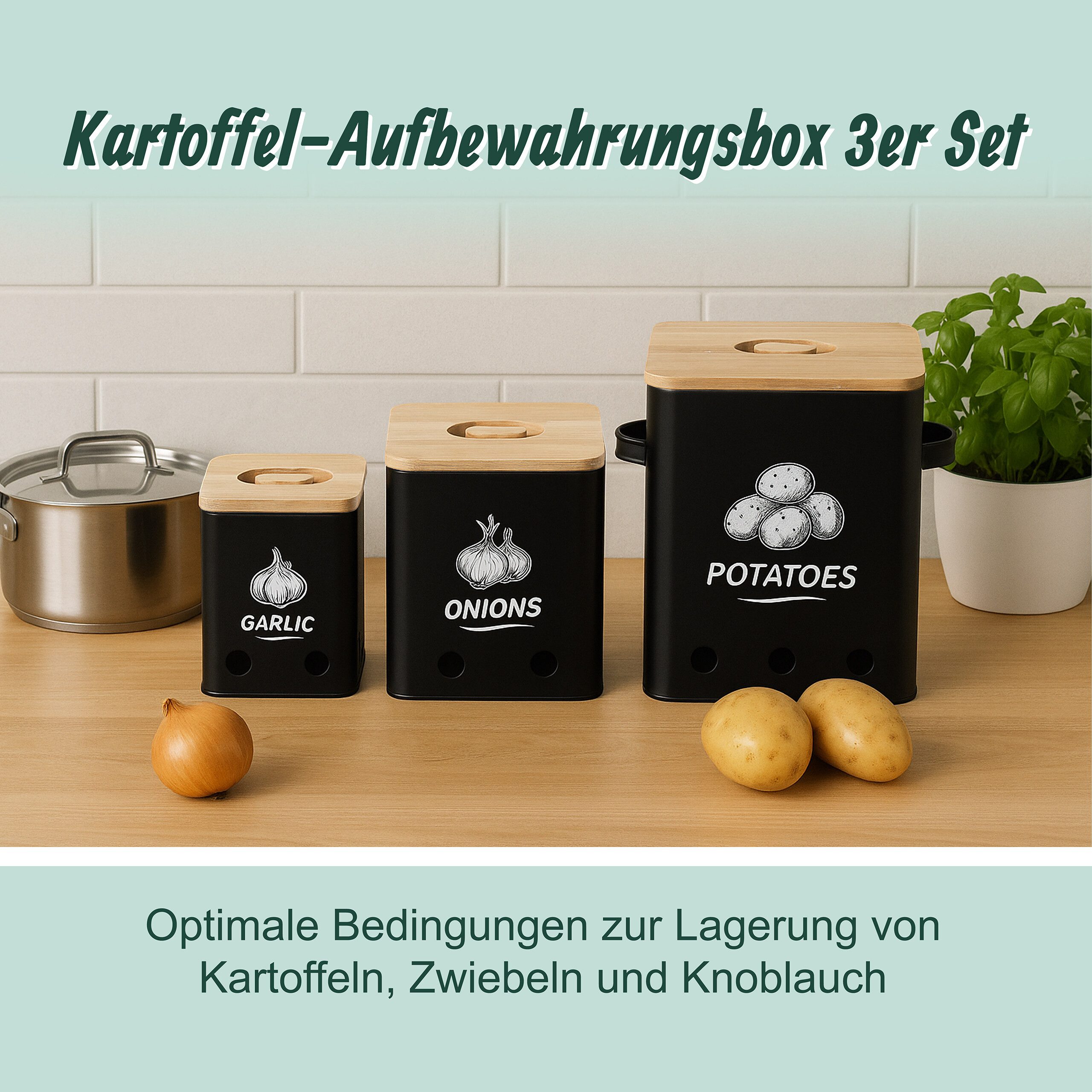 relaxdays Vorratsdose Kartoffel Aufbewahrungsbox 3er Set, Eisen, (3-tlg), schwarz – Bild 3 von 5