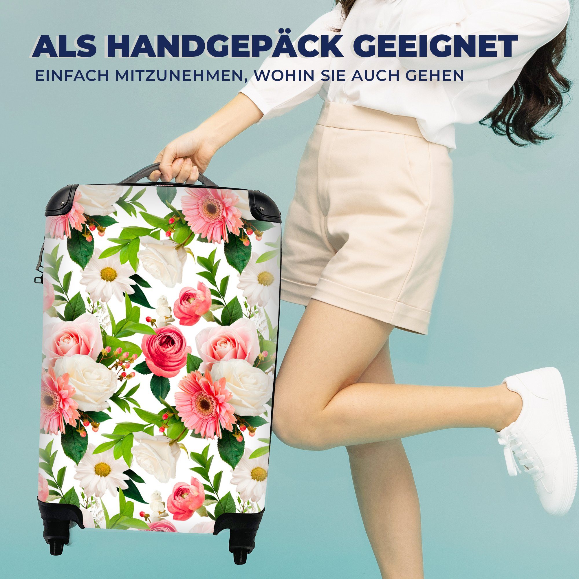 mit Rollen, Rosen 4 MuchoWow - Collage, Blumen für Handgepäckkoffer rollen, Reisekoffer Ferien, Handgepäck Reisetasche Trolley, -