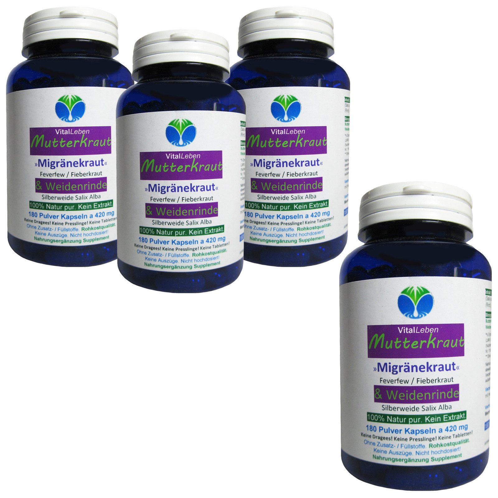 VitalLeben MUTTERKRAUT + WEIDENRINDE nach Hildegard von Bingen Natur pur Kapseln, 4 er Dose à 180 St., 302,4 g, Art. 26685-720