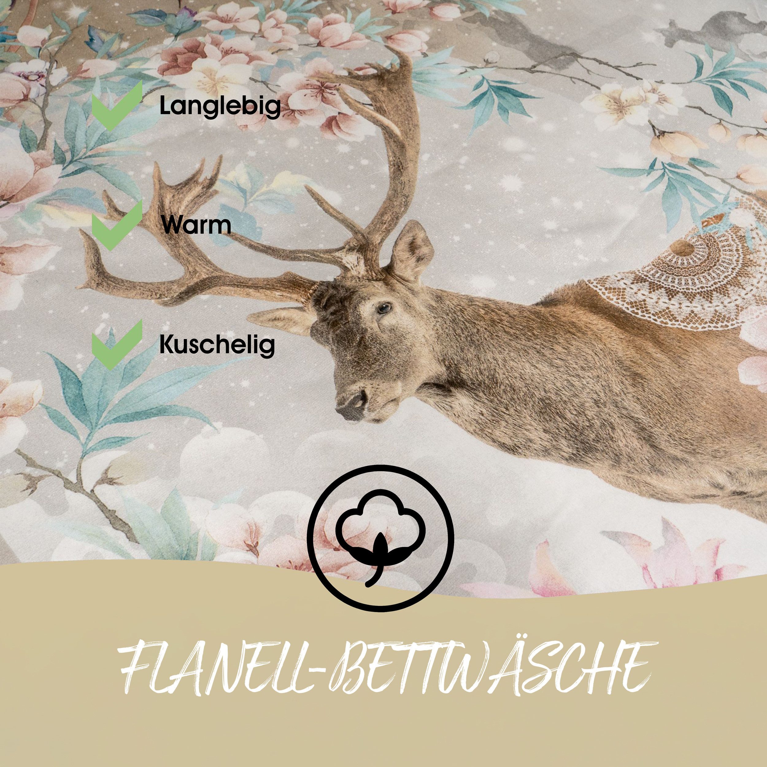Traumschloss Bettwäsche Comfort Baumwolle, Flanell, 2 teilig, winterlicher Hirsch mit Mandalas