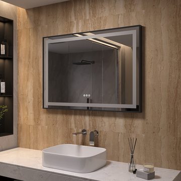AQUALAVOS Badspiegel Antibeschlage Badezimmerspiegel mit schwarzem Rahmen LED Wandspiegel, 100x70 cm, 2 Lichtfarben Dimmbar, Memory-Funktion, Touch /Wandschalter