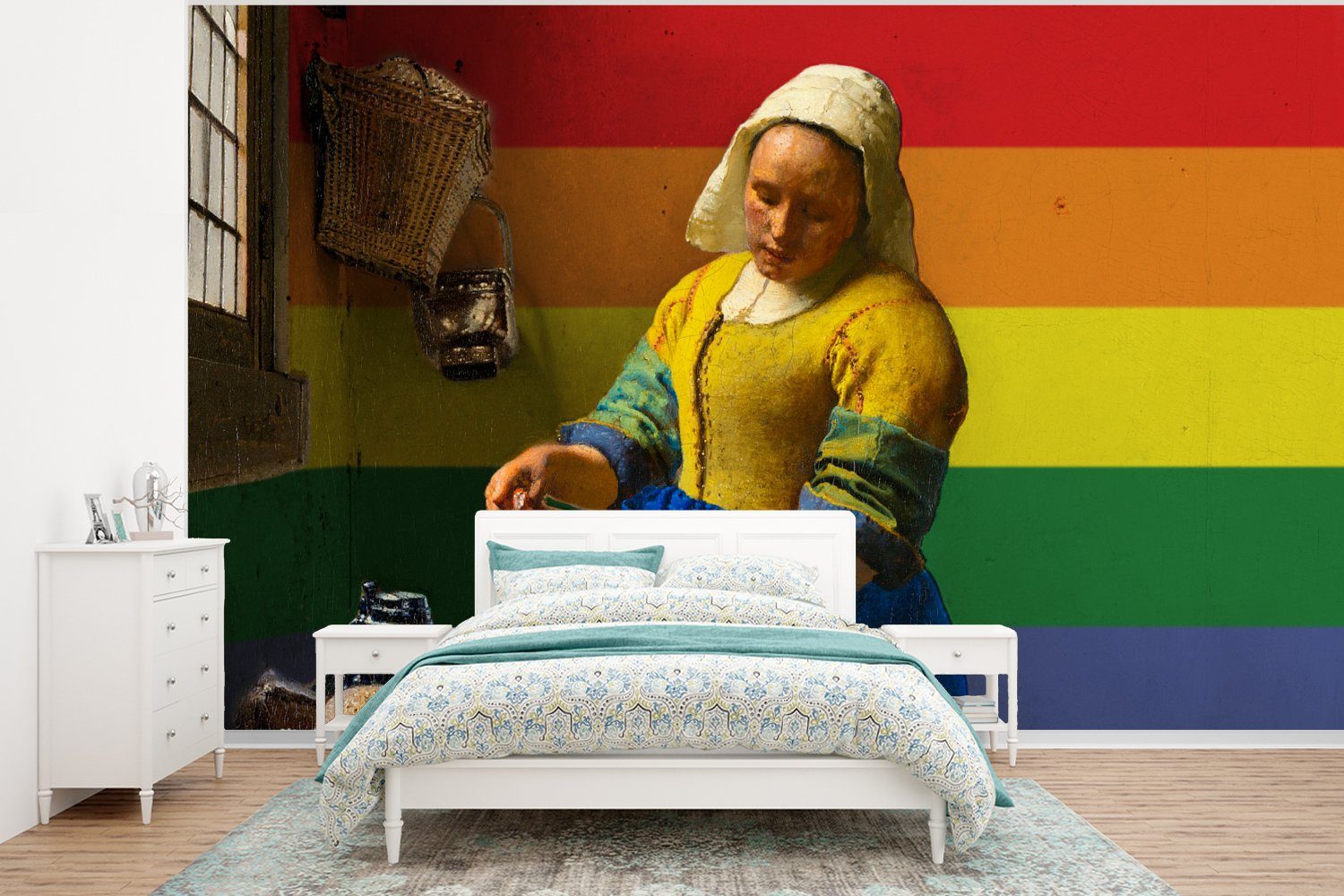 MuchoWow Fototapete Vermeer - Milchmädchen - Regenbogen, Matt, bedruckt, (6 St), Wallpaper für Wohnzimmer, Schlafzimmer, Kinderzimmer, Vinyl Tapete