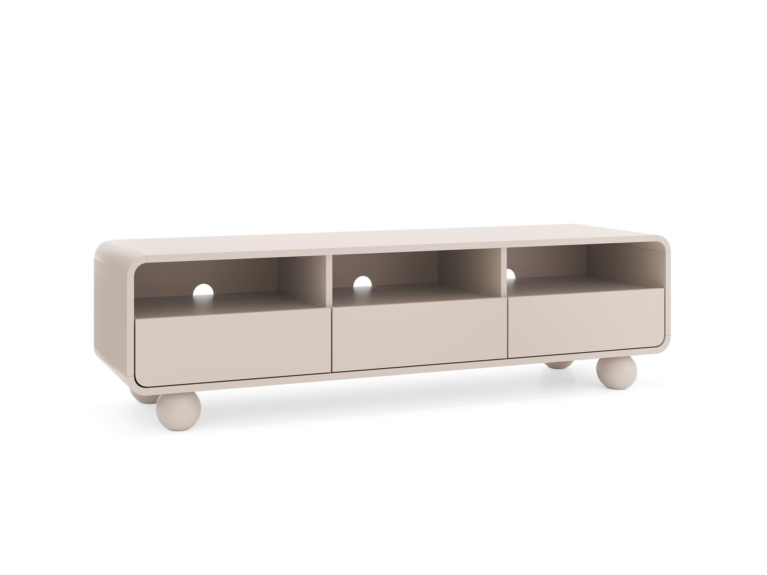 MOEBLO TV-Board RTV160 BERLIN (in Kaschmir, modernes Lowboard mit 3 Schubladen, 3 offenen Fächern, Kabeldurchführungen, Tip-on und Kugelfüßen, Lowboard Fernsehtisch TV Bank TV Tisch Fernseher Tisch TV Möbel), (BxHxT): 160 x 44 x 39 cm