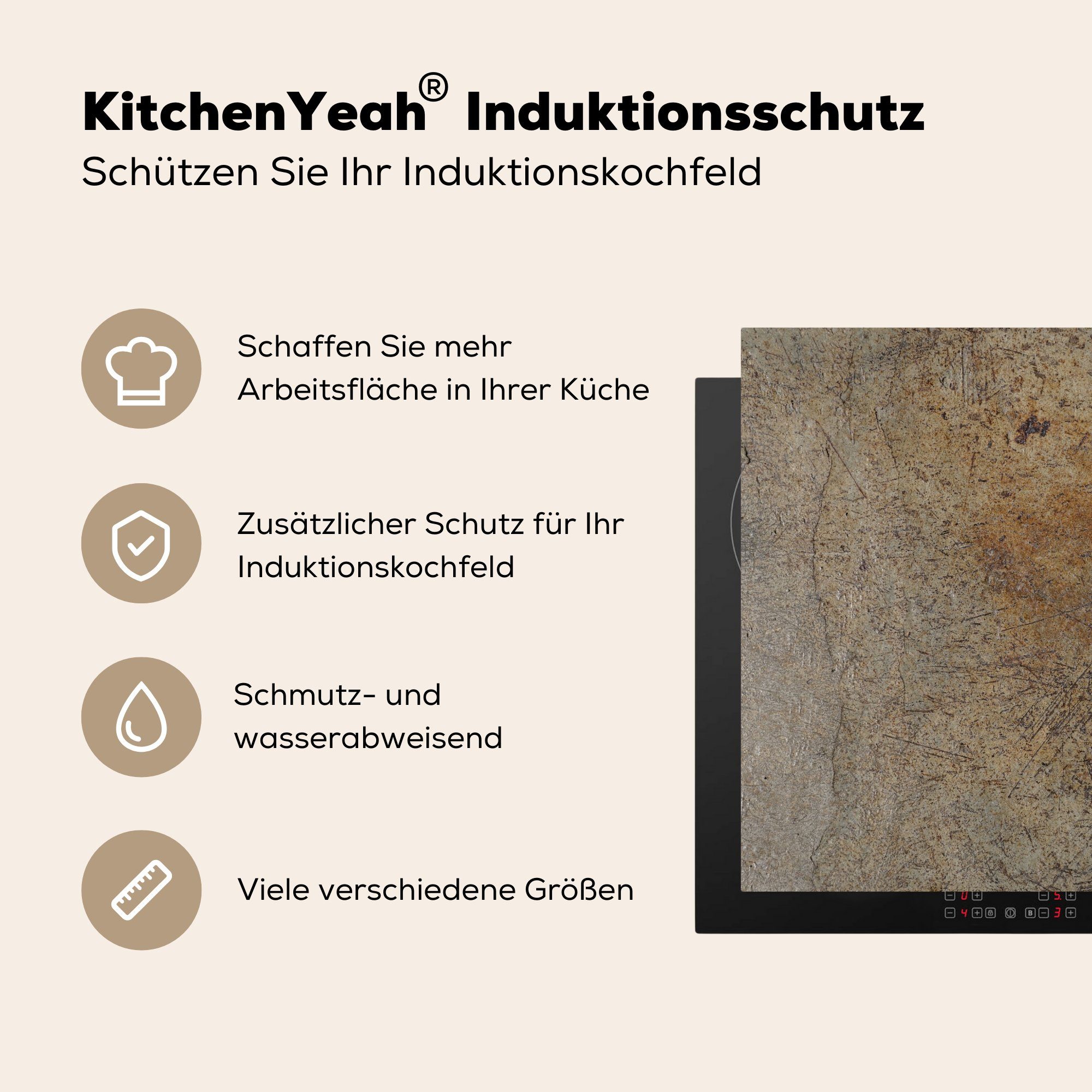 Vinyl, Rost Schwarz, Herdblende-/Abdeckplatte 78x78 Beton küche cm, (1 MuchoWow - für tlg), Ceranfeldabdeckung, Arbeitsplatte -