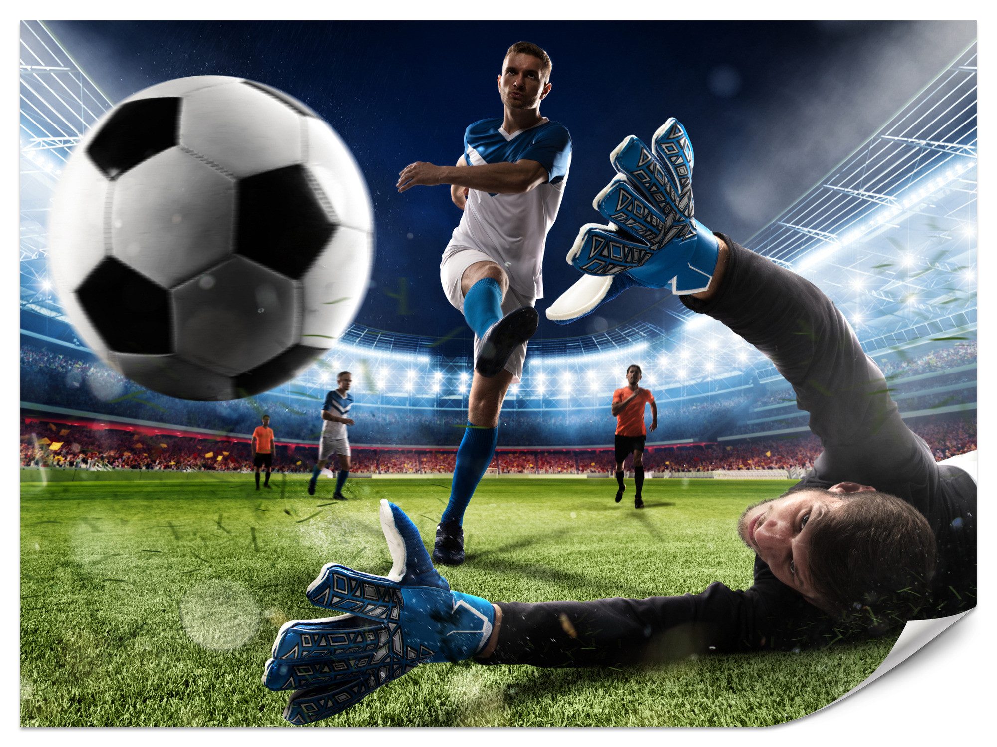 Muralo Fototapete Vliestapete - Fußballspieler beim Torschuss im Stadion, Glatt, Grafisch, (Packung, 1 St., 200x140 cm), Kleber im Set, 3D-Optik, Ins Schlafzimmer