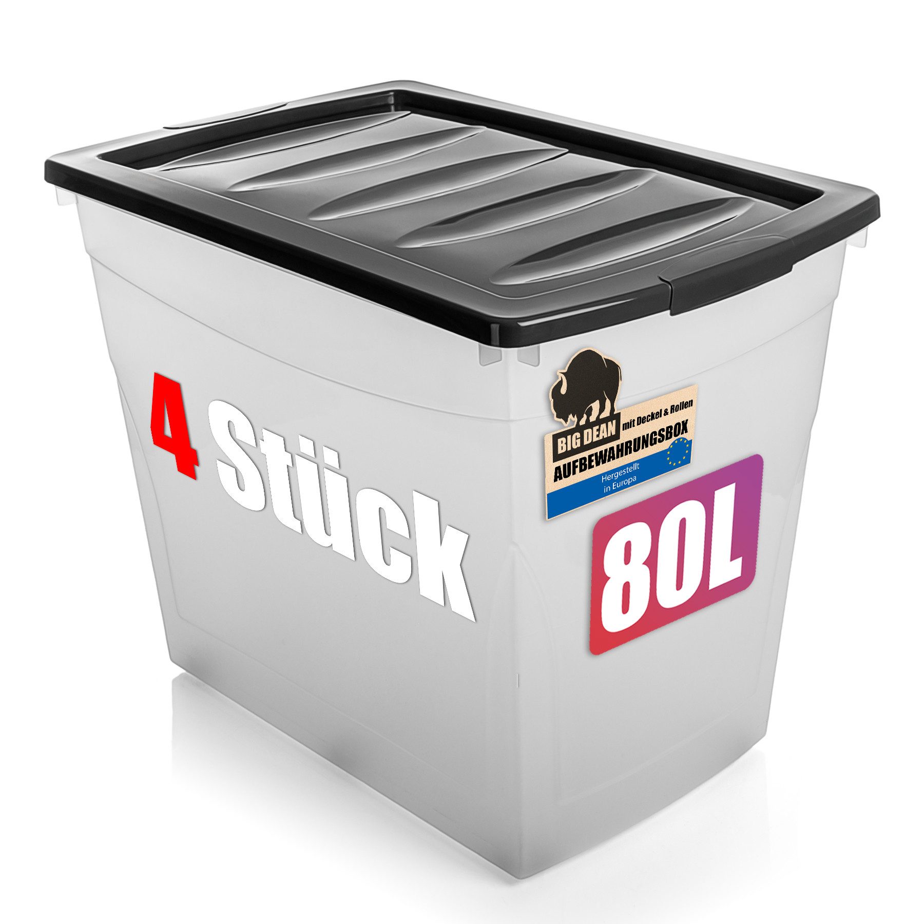 BigDean Aufbewahrungsbox 4x 80 L Aufbewahrungsbox mit Deckel und Rollen groß Budget Line (Set, 4 St., Aufbewahrungsbox mit Deckel), Durchdacht, Praxisnahes Design, Stapelbar