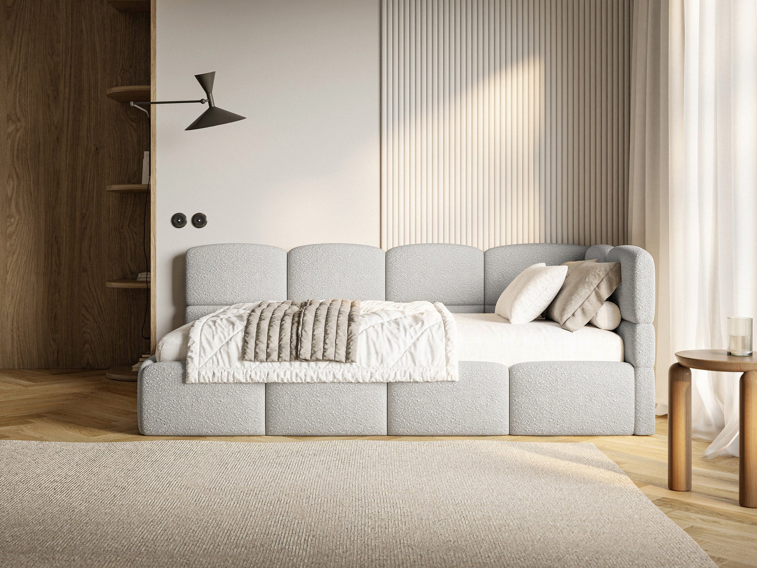 Selsey Jugendbett CLOUDY, Jugendbett mit Eck-Kopfteil, Matratze, Stauraum und Bouclé, 120x200 cm