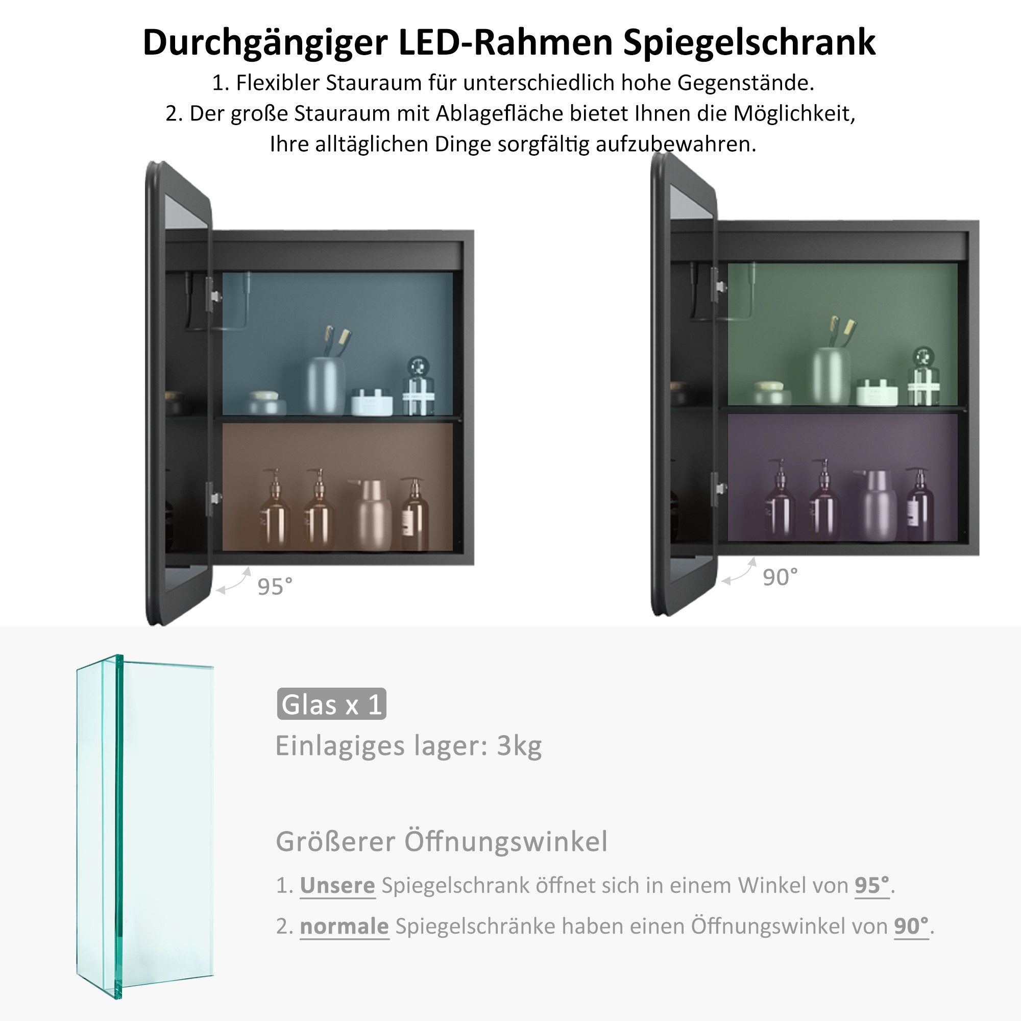 WDWRITTI Badezimmerspiegelschrank mit LED Beleuchtung Spiegelschrank Schwarz (80x60, 50x70, 40x60cm, Alu-Schranktür, Doppelseitiger Spiegel, 2Touch, Anti-fog, 3Lichtmodi, Dimmbar, Memory) mit Netzadapter, Verstellbare Glasboden