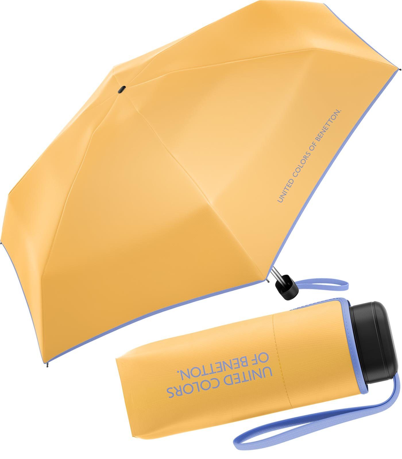 United Colors of Benetton Taschenregenschirm Ultra Mini Flat HW 2022 - golden cream, leuchtende Modefarben mit kontrastreichem Saum gelb-helllila