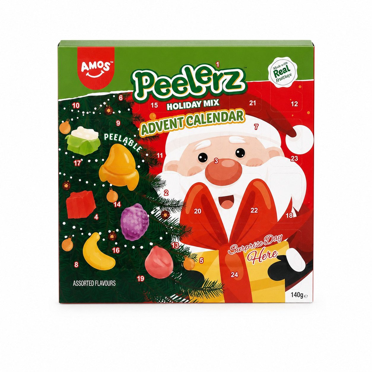 AMOS Lebensmittel-Adventskalender AMOS Peelerz Adventskalender – Fruchtgummi-Weihnachtskalender, 140 g – Bild 2 von 3