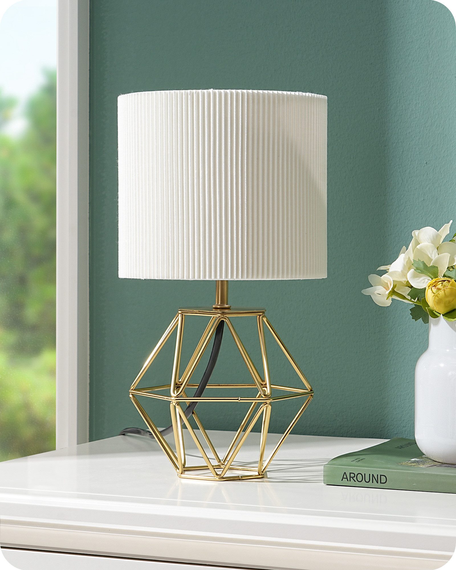 EDISHINE Nachttischlampe Dekolampe mit rautenförmigem Metallfuß, LED wechselbar, 2700 K Warmweiß, Vintage Tischleuchte mit E14 Leuchtmittel