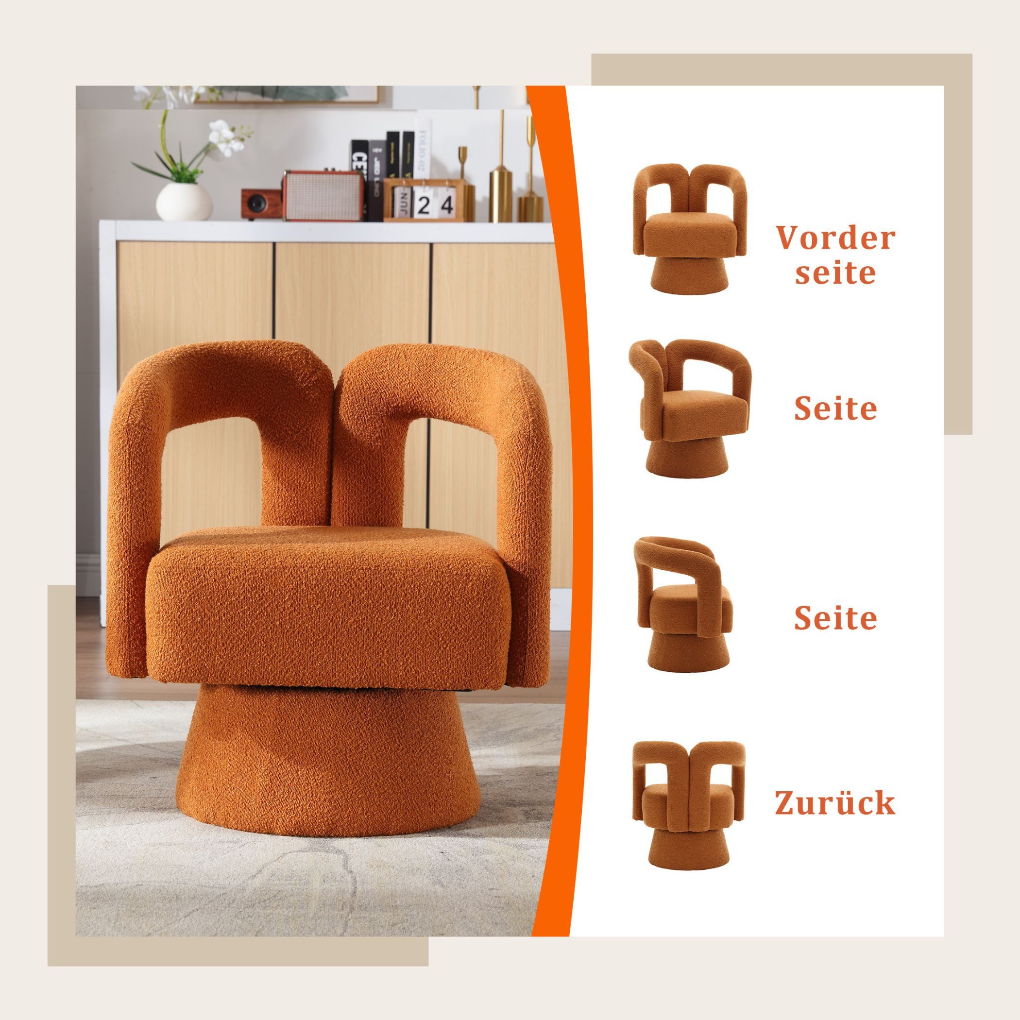 SeedWave Drehsessel Berbervlies-Sessel mit Hohlen Armlehnen, Bequemer 360° Drehstuhl, Ergonomisch, Holz- & Metallrahmen, Ideal fürs Wohnzimmer