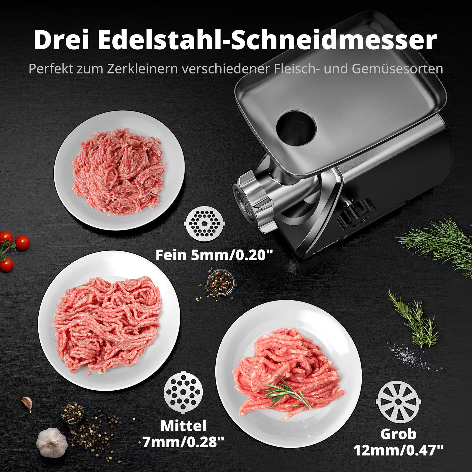 Airmsen Fleischwolf 3-in-1 Elektrischer Fleischwolf mit Wurstfüller 2 Edelstahlklingen, 3 Mahlplatten & Kubbe-Zubehör,Klein für Haushalt & Einfach zu Reinigen