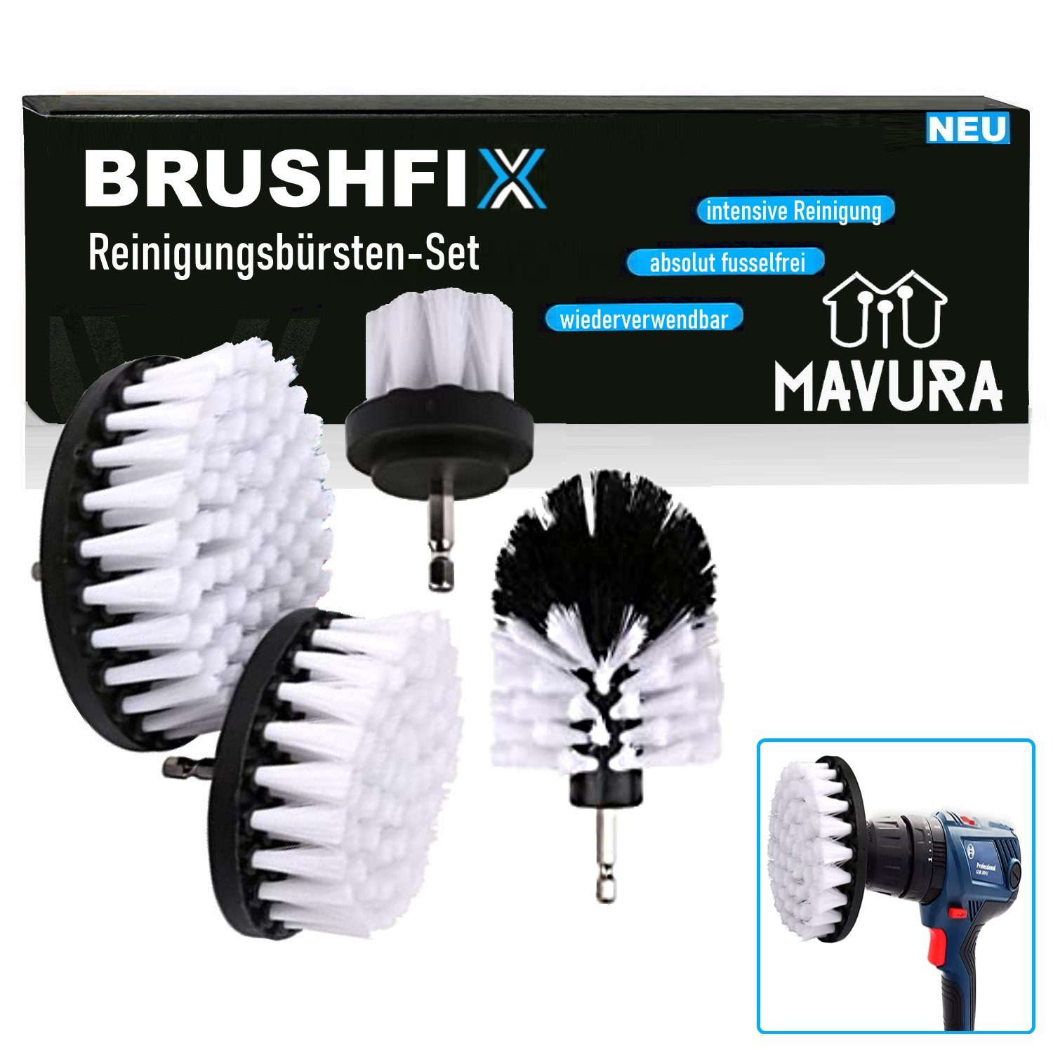 Reinigungsbürsten-Set BRUSHFIX Bürstenaufsatz Reinigung, Bürste Auto Leder Akkuschrauber Polster Reinigungsbürste Bohrmaschine [4er MAVURA Set]