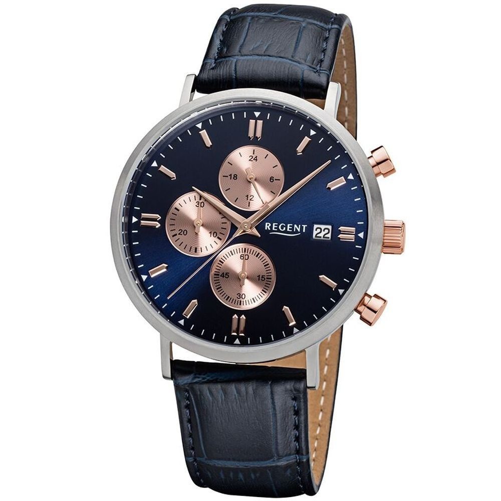 Titanuhr REGENT Herren Armbanduhr CHRONO BA-301 blau D. 40 mm Lederband blau