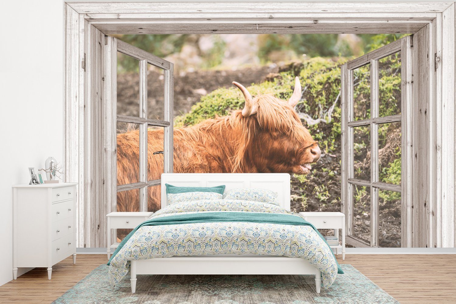 MuchoWow Fototapete Schottischer Highlander - Durchblick - Tier - Natur, Matt, bedruckt, (6 St), Wallpaper für Wohnzimmer, Schlafzimmer, Kinderzimmer, Vinyl Tapete