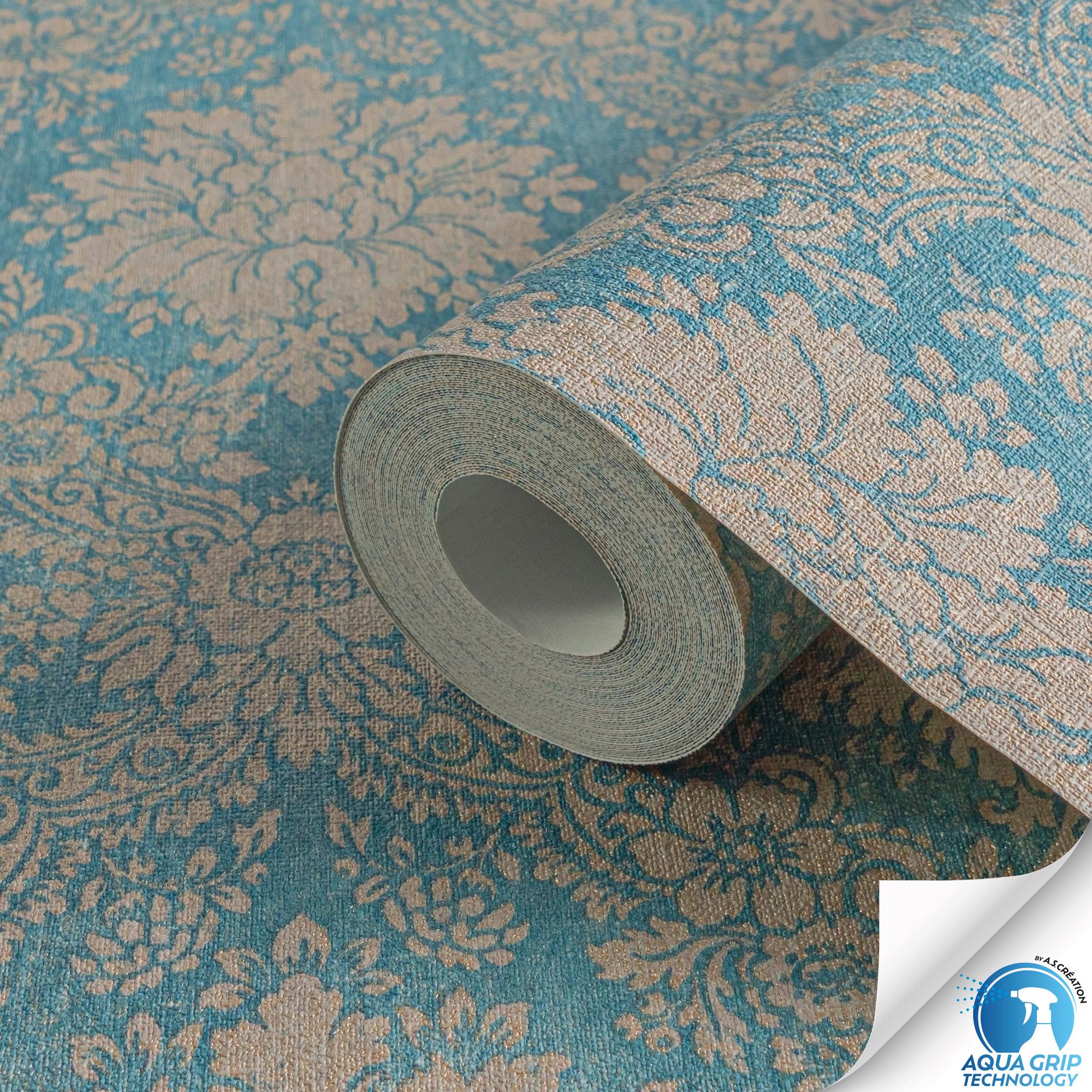 living walls Vliestapete DesignDrop vorgeleimte Tapete Barock Mustertapete Blau Braun, strukturiert, matt, (1 St), Vliestapete vorgekleistert Ornamente für Schlafzimmer Wohnzimmer Küche