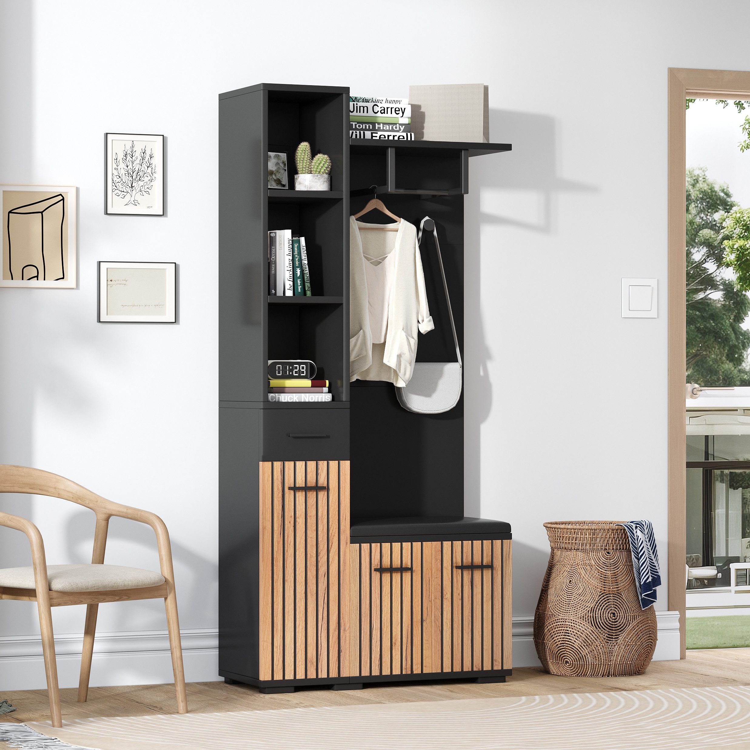 REDOM Garderoben-Set Schuhschrank mit Sitzpolster & verstellbaren Einlegeböden, (Polsterschrank, Eingangsschrank, 1-St., 7-in-1 Flur-Organizer), mit Schuhregal & Kleiderhaken – Platzsparendes Möbel
