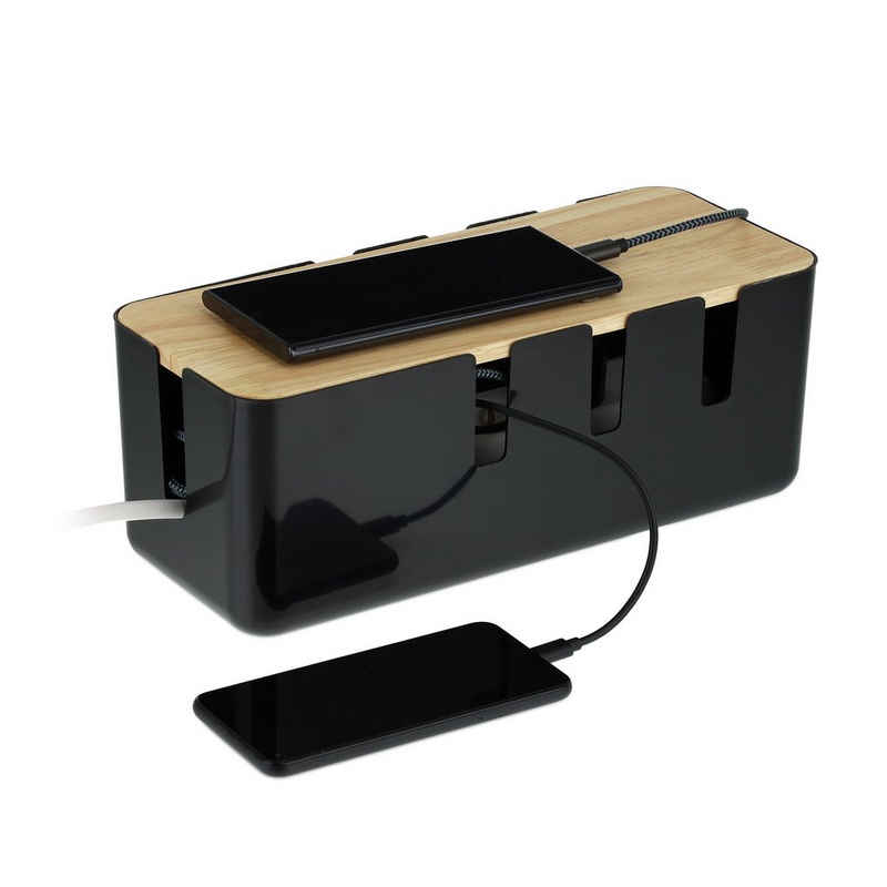 relaxdays Kabelbox Kabelbox mit Holzdeckel, Schwarz